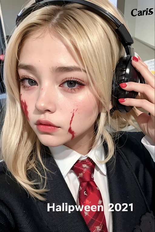Mujer rubia con manchas rojas en la cara y auriculares., realista , brutal sangrienta maquillaje, pale woman covered with blood, brutal maquillaje sangriento y guarro, a hyperrealista schoolgirl, salpicaduras de sangre en los lados, profesional , sangre en la ropa y la cara, hyperrealista girl, cara ensangrentada, cubierto de limo rojo, Cara limpia y de sangre brutal