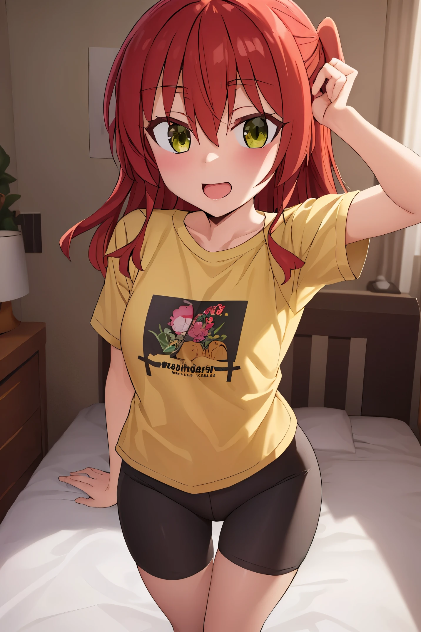 1 girl, best quality, ultra high res, long hair, red hair, green eyes, looking at viewers, small breast, standing, pov, slim body, loli body, small body, smile, open mouth, yellow shirt, short sleeves, bike shorts, bedroom, white bed sheets,