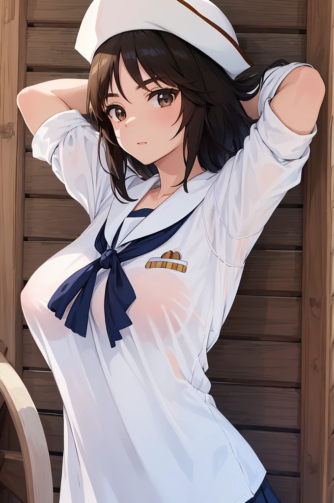 Obra maestra, La mejor calidad, al aire libre En un barco pirata rumbo a una nueva presa murakamidef, 1girl, solamente, Mirando al espectador,
Cabello largo, cabello negro, ojos negros,
tiene, Sombrero blanco, flequillo, military tiene, dixie cup tiene, camisa, Uniforme escolar, white camisa, falda, marinero collar, marinero, pleated falda, Neckerchief, blusa, Mangas arremangadas, mangas largas, white falda, grandes tetas, pensativa, sonrojada