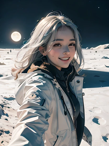 xxmixgirl,1girl, fisheye, selfie, wind, messy hair, smiling, happy, laughing, influencer style, Generate a stunning image of a girl with gray hair, wearing a white silver jacket, taking a selfie amidst the ethereal beauty of a white desert on the moon's surface at night. Envision the moonlit landscape with ten dome-like structures in shades of gray and white in the background.
Capture the girl's enthusiasm and the reflective glow of her silver jacket under the moonlight as she captures the breathtaking scene in her selfie. The lunar environment should radiate tranquility and futuristic charm, emphasizing the contrast between the gray and white tones of the moon's surface and the architectural marvels