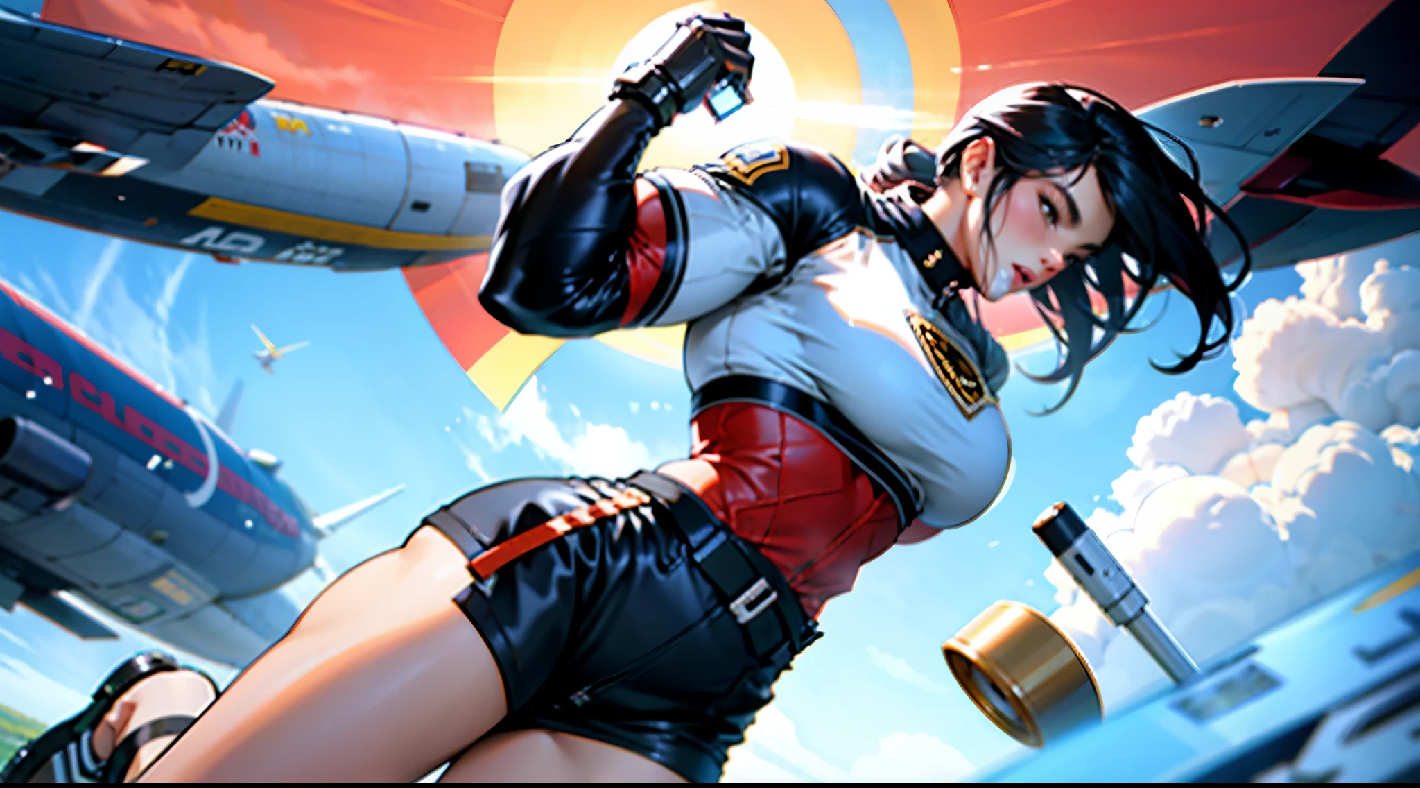 ((1girl)), full body photo in the sky , a woman with long hair wearing a very tight sweater and white shirt also leather miniskirt,  she has black hair with bangs, flying in the air, screenshot from a movie, inspired by Kim So-hyun, heavyweight bodybuilder, huge breasts, huge muscles, (((Kim So Hyun actress))), perfect skin, perfect face,, full body photo