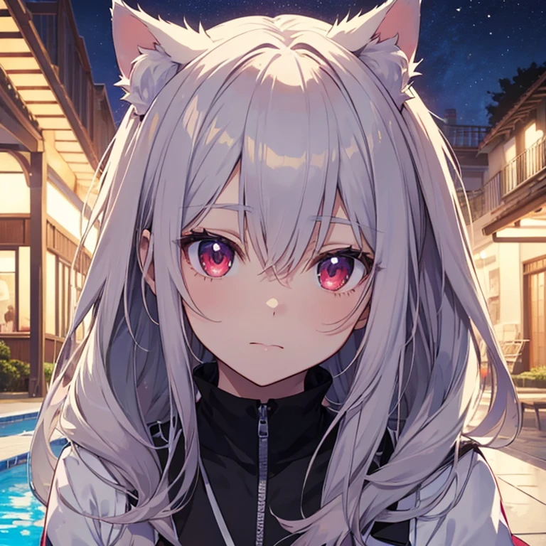 best qualityer、8K))A woman who is 黑长发Cat ears anime girl、Rin Tosaka、Anime cute art style、destiny/similar《Stay Night》anime style、long hair anime girl、Very cute anime girl face、nightcore、Girls from the front lines、Portrait of a cute anime girl、Cat ears anime girl、High quality anime art style、 beautiful anime woman Night mood red eyes Night Pool swim wears