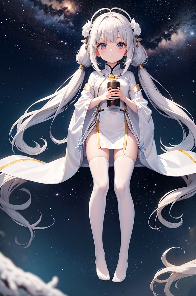 Height 1.53 meter cute little loli，Snow-whiteskin，White jade skin，Children's face，Tender，Young，Petite，No Hair Ornaments，sliver long hair在银河背景下流动。She is wearing a gray V-shaped ancient robe，no shoe，Two little feet side by side，sliver long hair，Milk-soaked translucent pantyhose sparkles in the universe。She is suspended in the universe。