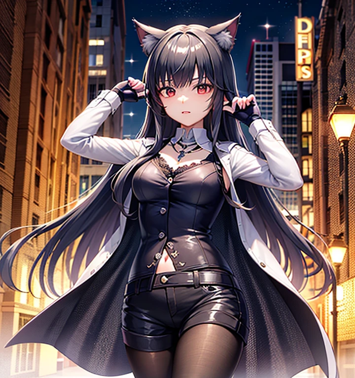 Run, 1girl, 一人in, length_hair, chest, Looking_in_Audience, smile, Open_mouth, brown_hair, reis_eye, isress, animal_ear, jewelry, very_length_hair, tail, :is, null, isay, tooth, Looking_return, clouis, necklace, Wolf_ear, Shorthand, Wolf_tail, Pouch, city, Wolf_girl