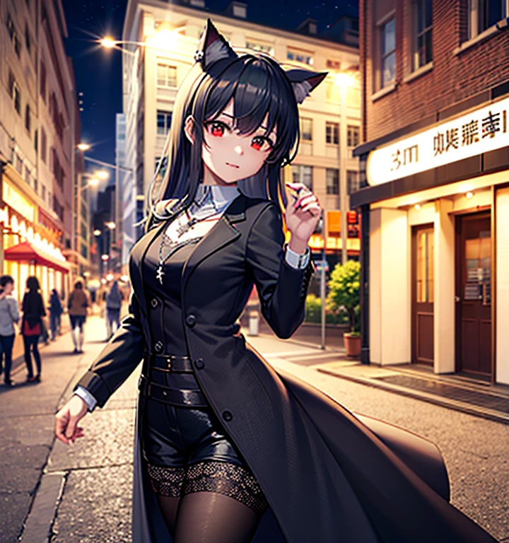 (8K, Original photography, quality, tmasterpiece: 1.2), (actual, realisticlying: 1.37), the night, one-girl, (Ortosa)), (heads), Cat ears, cat woman, 橙色heads发, (Two shots), (K-pop idol), (Aegyo-sal: 1), the street, yuki, profesional lighting, フォトンマッピング, Radio City, physically-based renderingt, red eyes, black label, darken, White lace shirt, (adiamondnecklace)