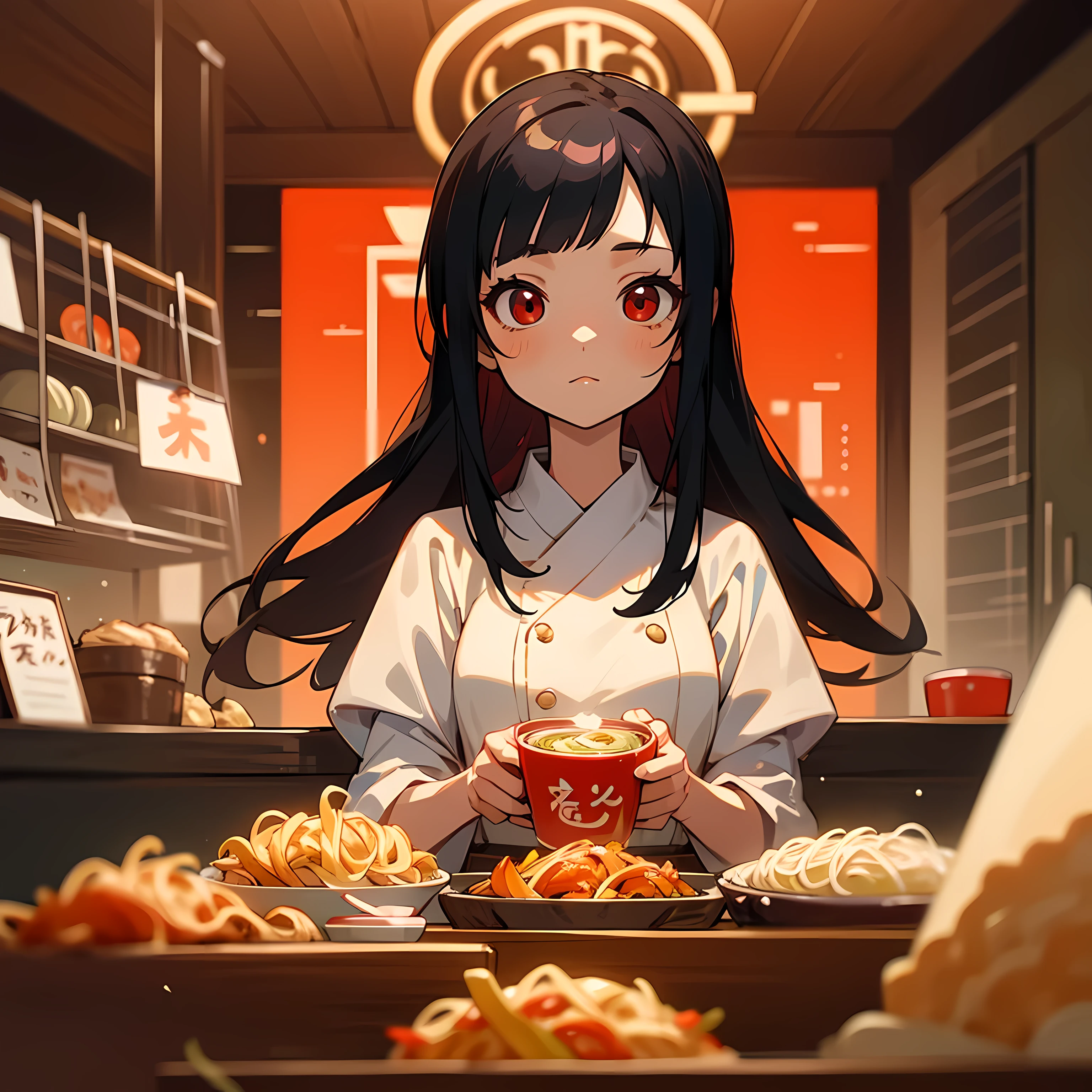 Fille d&#39;anime et tasse de ramen, magasin de nouilles. ambiance : Anime mignon. fille mignonne. magasin de nouilles. mignon. cheveux noirs. yeux rouges. Grands yeux.