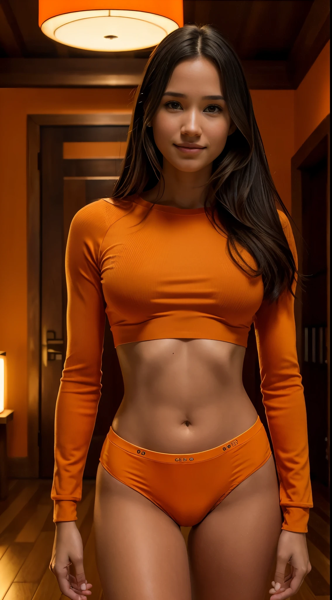 Foto hiperrealista en primer plano de Kelsey Asbille (native American), masterpiece, best quality, (photorealistic:1.4), full body,  (orange tight luxury long sleeve crop top:1.2) and (orange panties:1.2), hall, wooden floor, cinematic light, beautiful woman, skinny, large big breasts, black long hair, detailed face, smile, facing the camera, photo taken from a distance, age of 25 years old