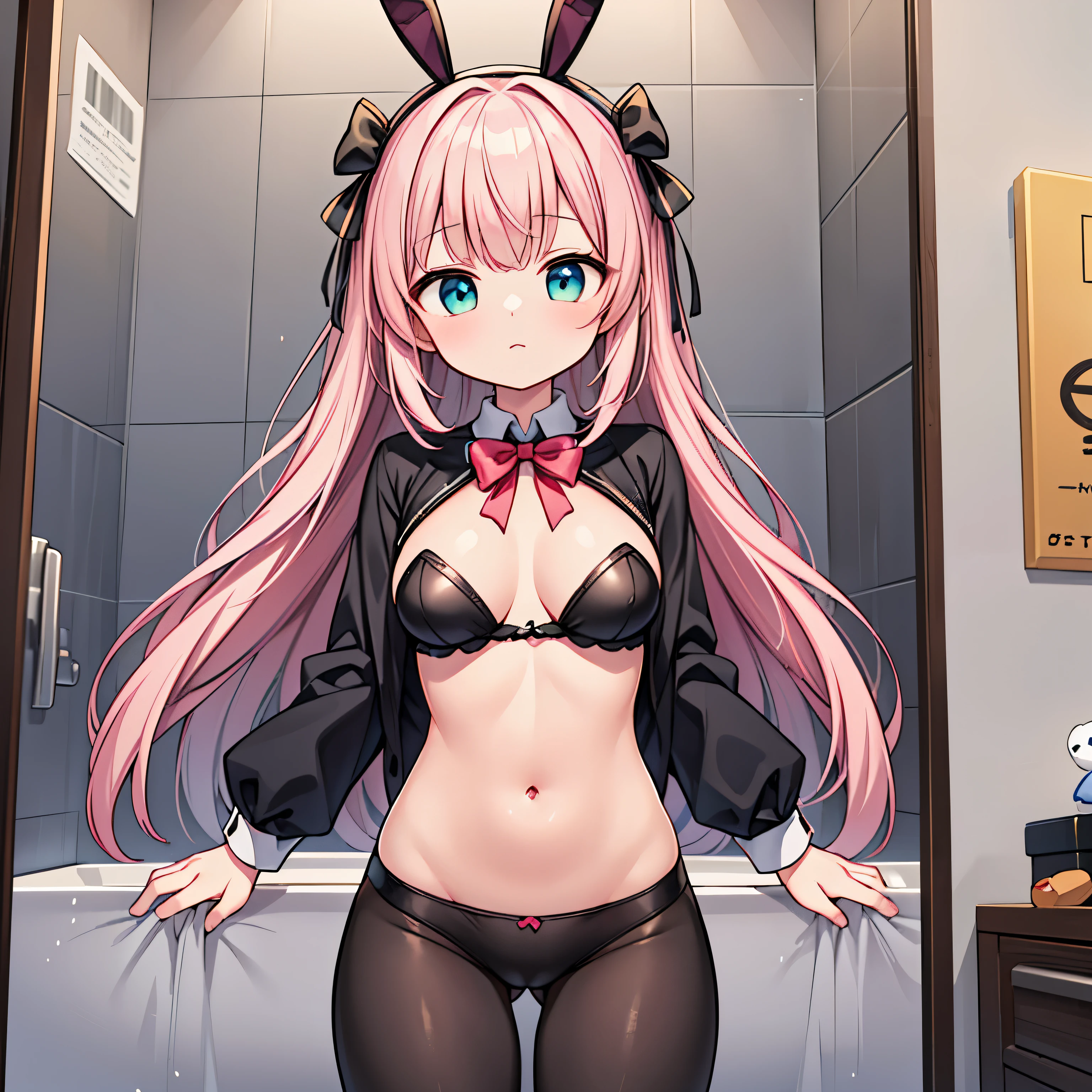 Mobile legends hero, Angela, Cute girl with doll body, body is made of metal, short and pink haired, with green bunny ribbon on her head, no clothes and showing her boobs and pussy, she's in a bathroom