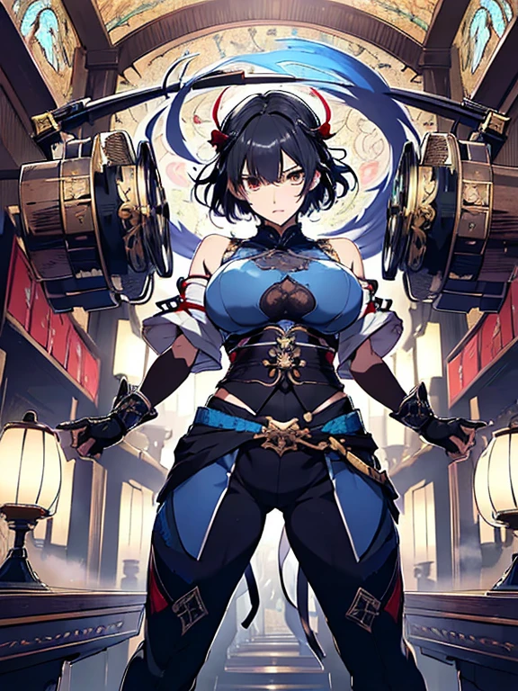 8k_wallpaper, extremely detailed eyes, extremely detailed body, (large masterpiece digital art), (detailed manga illustration), (detailed line art), ((perfect anatomy)), (intricate details:1.3), (ultra-detailed:1.3), (illustration:1.3), (sharp focus:1.3), (natural lighting:1.05), (vivid colors:1.3), (masterpiece), best quality, expressive eyes, perfect face, 1 girl, breasts, cleavage, gloves, large breasts, traditional clothes, cerulean clothes, black hair, short hair, messy hair, dark brown eyes, hourglass physique, loose-fitting pants, fighting stance, large ass, pale skin, shrine maiden, tomboy, combat boots