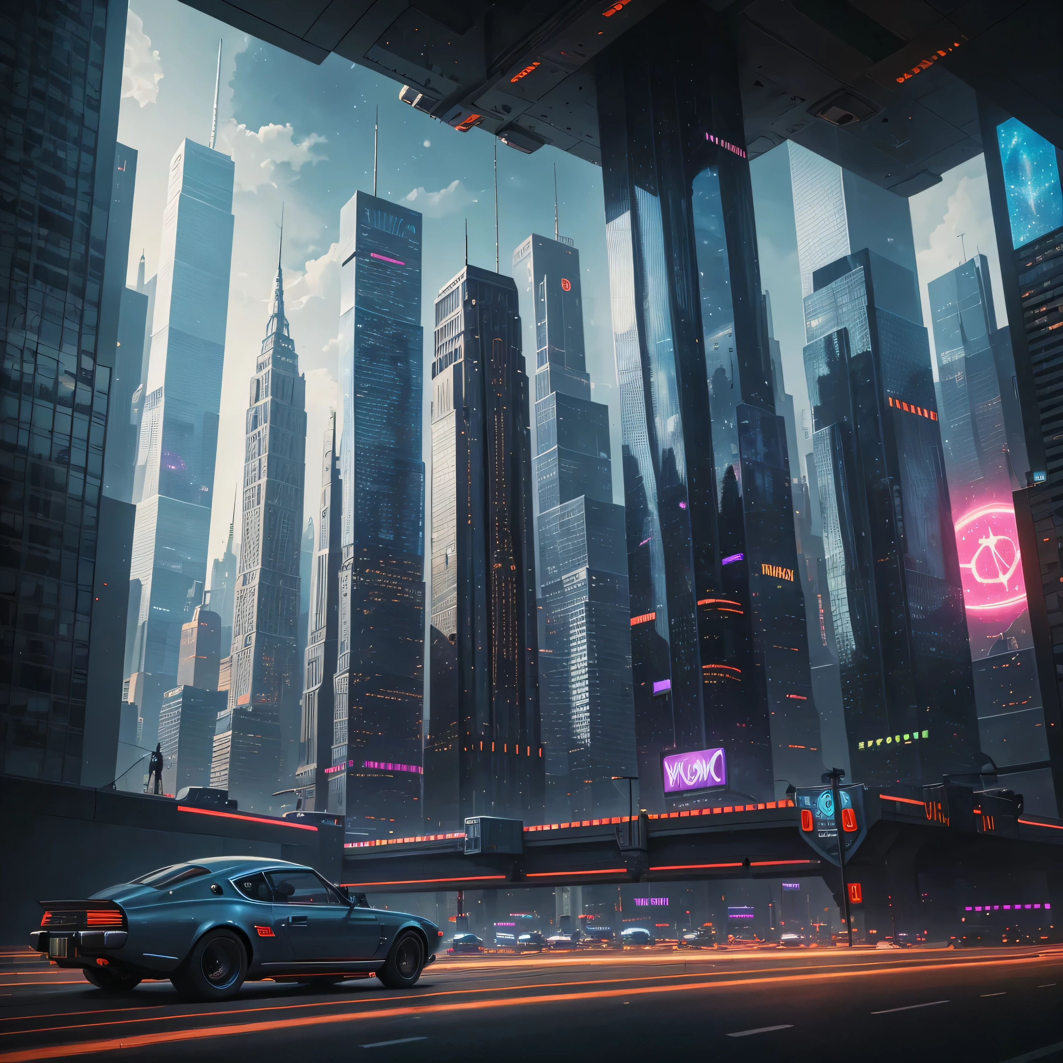 A retro-futuristic depiction of a car levitating through a cosmic metropolis, surrounded by towering skyscrapers adorned with holographic advertisements, a bustling futuristic cityscape visible through the car's transparent canopy, a blend of old-fashioned design with advanced technology, Painting, acrylic on canvas, vibrant colors contrasting with grayscale cityscapes