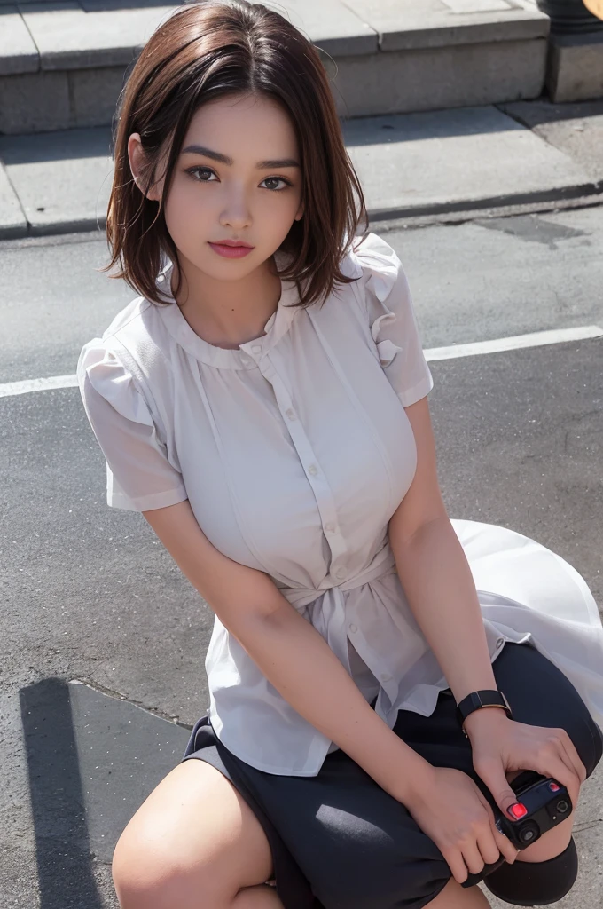 (Crowded day city),Meisterwerk,best quality, ultra-high resolution,Kizi,Schlank,(())),(Okabo))),(short-sleeved blouse),((Nice hair and nice big eyes))),smil,Hoher Kontrast, (fotorealistisch:1.4),Blick in die Kamera,(Blitz)