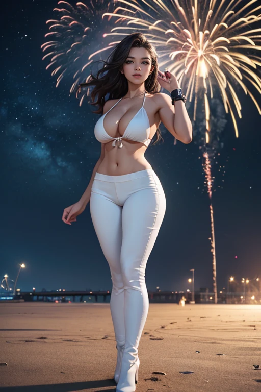 Pose sensual, ((Uma mulher sexy e bonita)), ((A beleza mais fofa de 22 anos)), on the beach standing many fireworks, white pants legging, cleavage, white knee-high boots, sorriso encantador, new years eve, It's night, fireworks in the background, festa a noite, midnight time ((cabelos muito longos) ), ((Busto Rico)), gradient eyes, maquiagem sedutora, Vista Individual, NFFSW, Udisco Rigido, retina, master part, preciso, Anatomia cientificamente correta, pele texturizada, Super Detalhe, High detail, alta qualidade, Premiado, extremely high quality, high resolution, 1080P, disco Rigido, 4k, 8k, 16k, (muito detalhado), realista, 8k, Cinema 4D, Artgerm extremamente detalhado, [ Arte Digital 4K ]!!, seios grandes