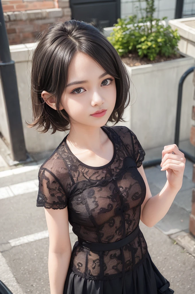 (Crowded day city),Meisterwerk,best quality, ultra-high resolution,Kizi,Schlank,((junior school student))),(Okabo))),(short-sleeved blouse),((Nice hair and nice big eyes))),smil,Hoher Kontrast, (fotorealistisch:1.4),Blick in die Kamera,(Blitz)
