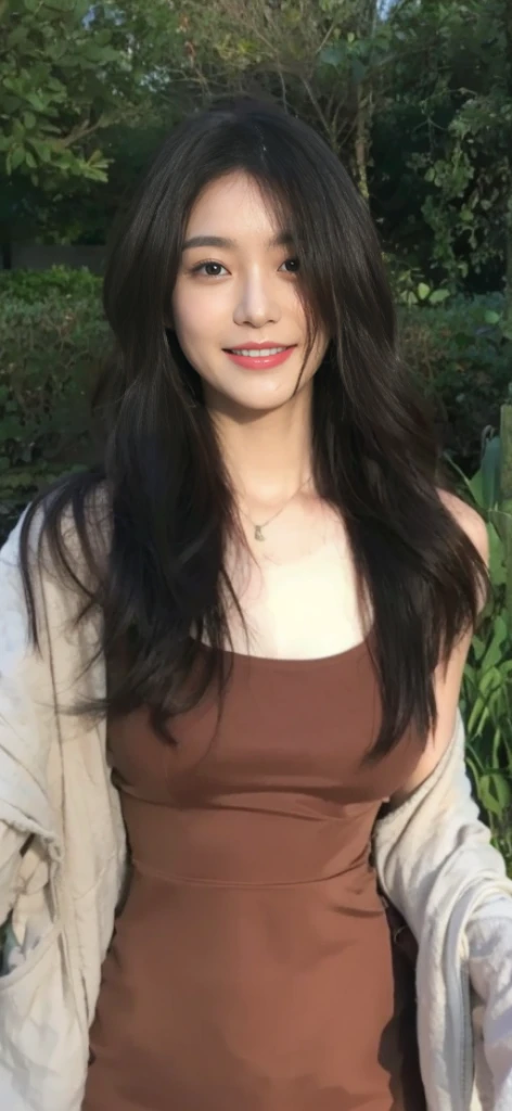 (On a table, Best quality at best, realistically, ultra - detailed, meticuloso, A high resolution, 8k wallpaper), Close-up portrait of a beautiful woman, Chariada, Smiling, light brown messy hair, Perfect dynamic composition, 美丽meticuloso的眼睛, Just like the cover of a fashion magazine, On campus