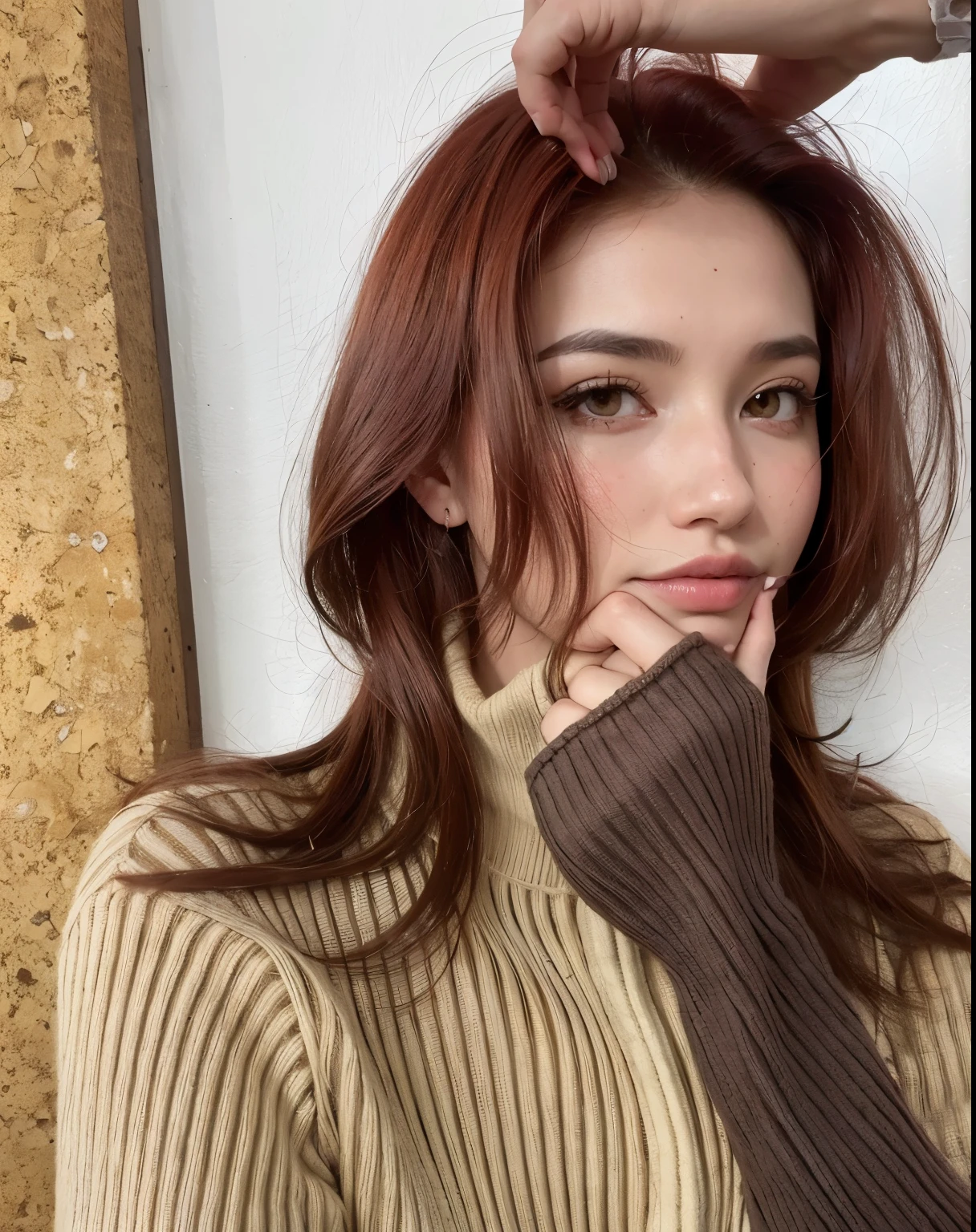 arafed woman con el pelo rojo and a brown sweater, with brown hair, Brown, brown sweater, 🤤 girl portrait, pretty face with brown-red hair, coral brown hair, red chestnut long hair, dilraba dilmurat, Amouranth, 🦩🪐🐞👩🏻🦳, Red-brown hair, con el pelo rojo