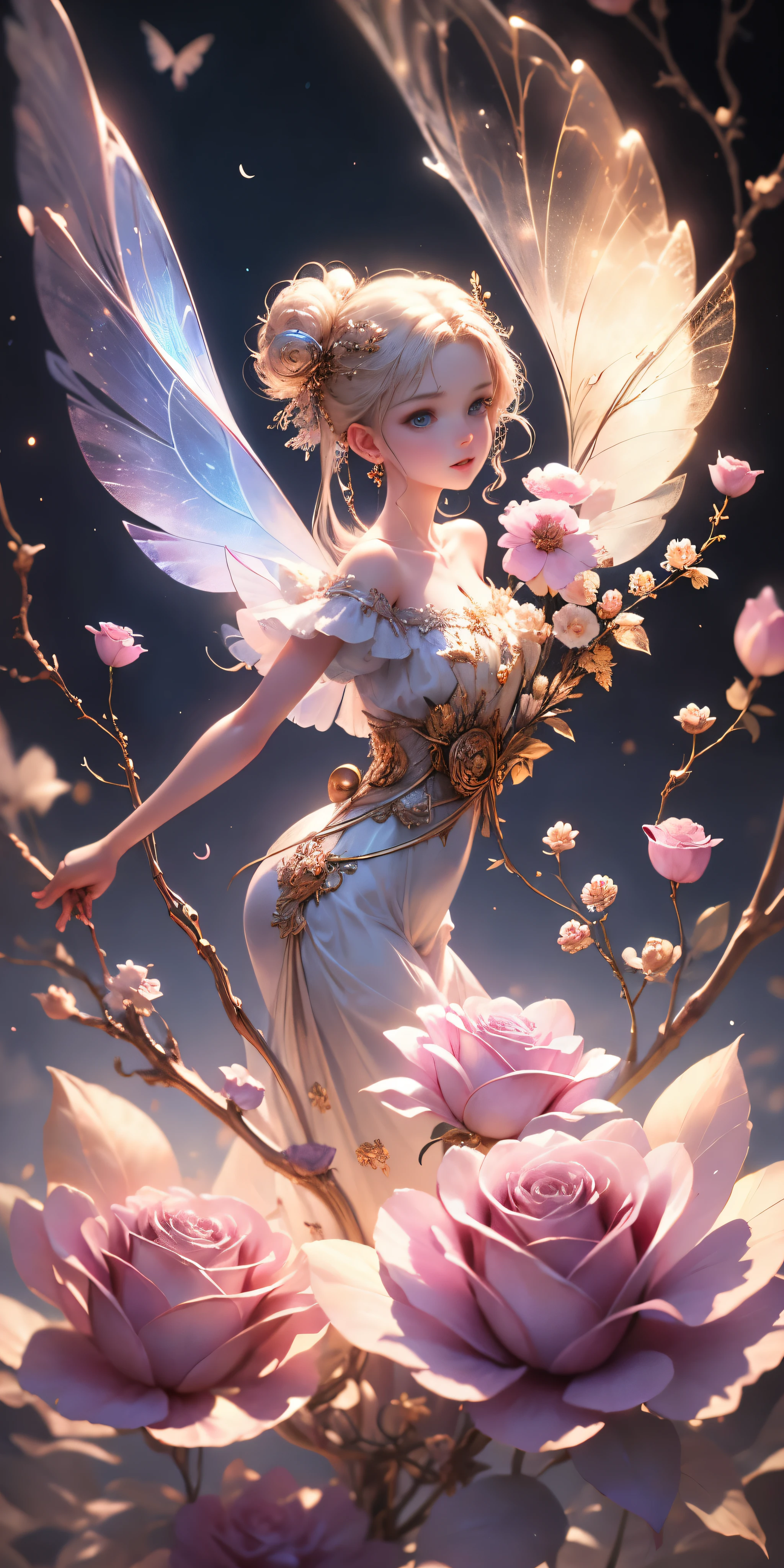 Beautiful transparent flower fairy baby, Transparent colorful wings, The wand fluttered in the wind、The wand flashed with starlight,Golden wand,Beautiful blue sky and white clouds、Girls have transparent wings、smile kindly、Beautiful garden background、Gentle and transparent,Anatomical correct, delicate patterns,Pink rose space, gentlesoftlighting, ( bokeh),tmasterpiece, ultra - detailed, Epic work, Best quality, 8K,Epic Romantic Fantasy Digital Art,Epic fairy tale fantasy digital art,Myths and Fantasy,UHD resolution,Detailed detail drawing,realistically,Very realistic,电影灯光,an award winning photograph,many color,Hyper-realistic texture,dramatic lights