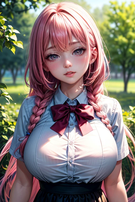 (best quality,4k,8k,highres,masterpiece:1.2),pink hair,short braided hair,beautiful big breasts,girl's eyes are beautifully detailed and expressive,girl's lips are beautifully detailed,ultra-detailed,realistic,wearing school uniforms,playfully enjoying the moment,colorful and vibrant,soft natural lighting。Unbutton your shirt。sit on a bench and open your legs。Show panties。