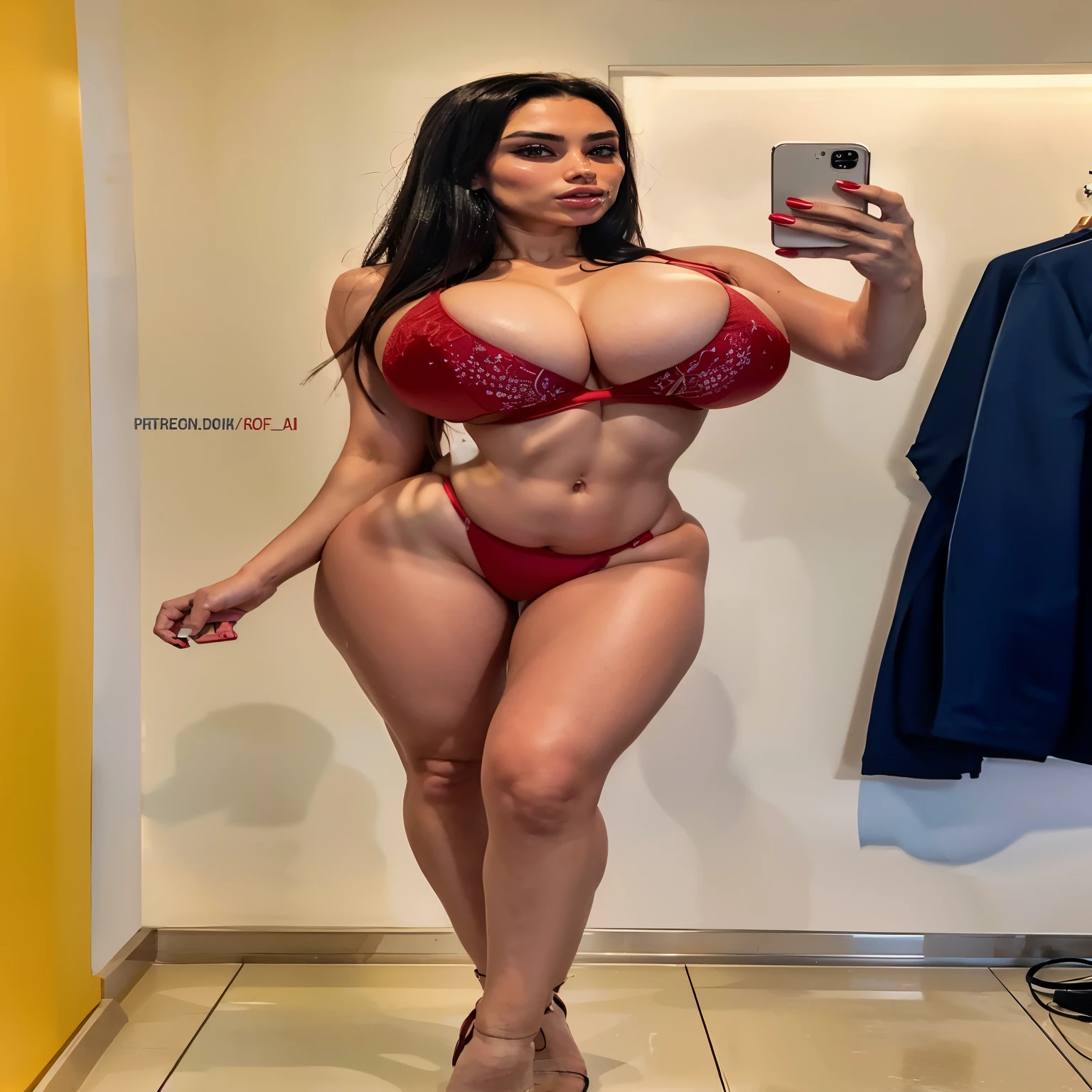 araffe woman in a red bikini taking a selfie in a mirror, red hot, perfect body, thick body, photorealistic perfect body, thicc, red bra, some red, curvy hourglass figure, thick, hyperrealistic full figure, , red bikini, perfect body and face, full body;, beautiful thick female, all red , huge breast:1.9