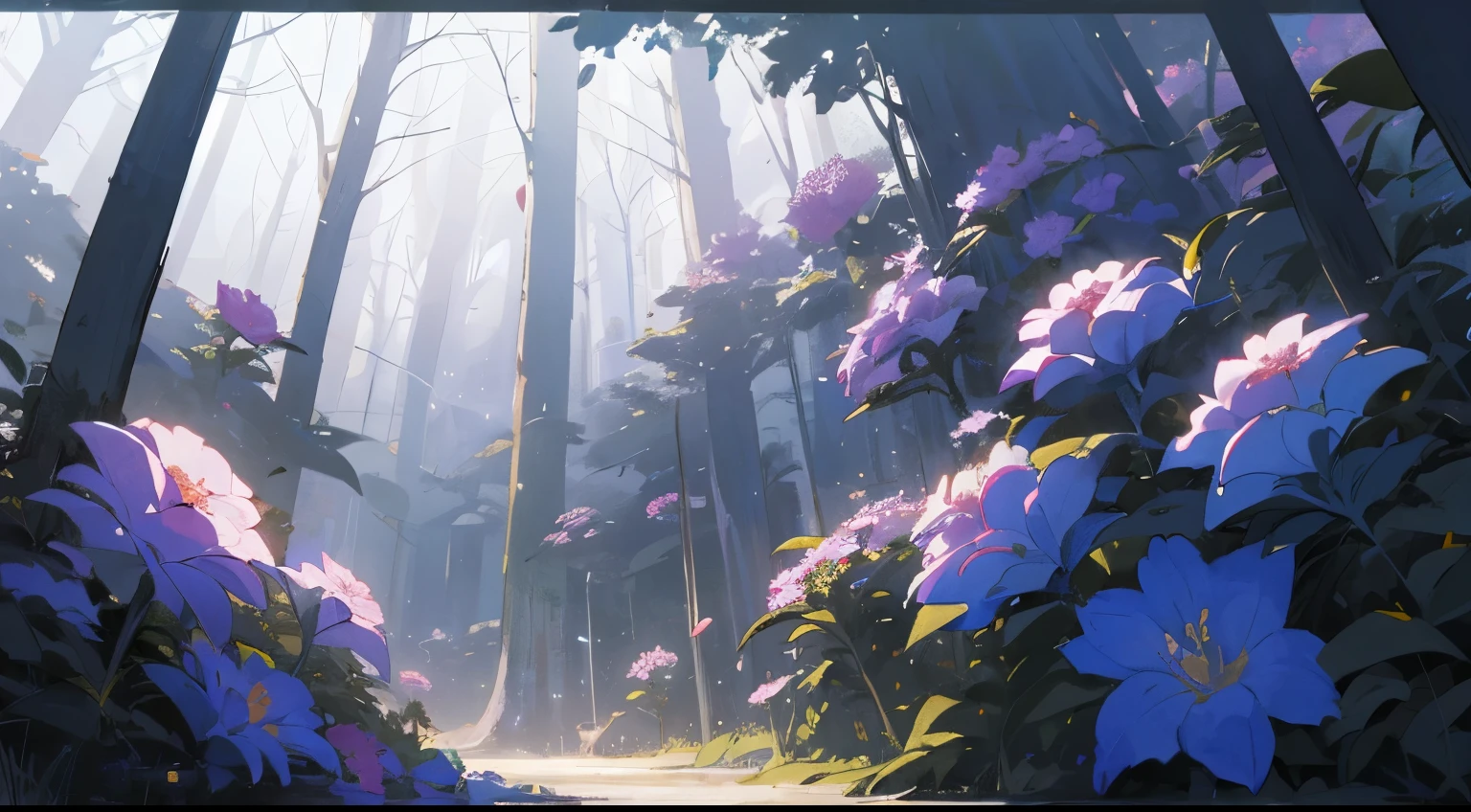 A vacant lot,Flowers grow in open spaces,In the distance is a dark forest,The flowers are bright,light sparkles,Clear skies change from above to dark skies,Look at the camera from below,Dark lighting,volume illumination,super-detail,Environmental details,highs quality,coverpage,Fantasia,Arte,MasterPiece,best best quality