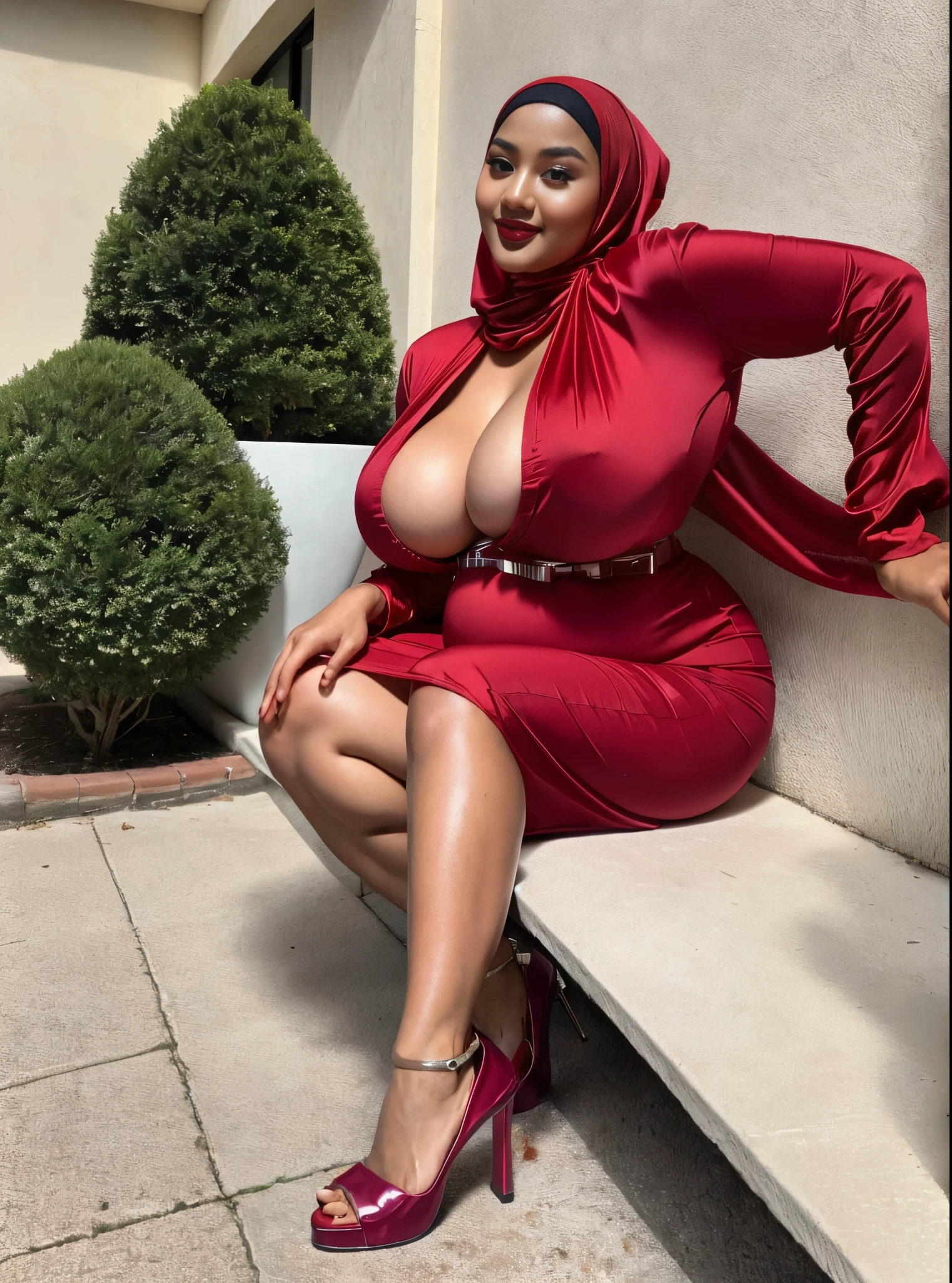 (Best quality, high resolution, masterpiece: 1.3), a beautiful malay woman in hijab, gigantic breasts, slim figure, sweatshirt, beautifully presented details in the street and facial and skin texture, detailed eyes, double eyelids, big eyeschest visible, shirt openfeatures), HDR, 8k resolution, nice fingers, firm skin, (((high detail skin, visible pores))), 1 female, tall body, seducing, squatting, TOKYOcty, 30 years old, (ultra Gigantic Breasts:1.4, heavy hanging breasts, perfect round shape breast), wearing Tight Silver and Violet Purple satin Gamis, Wearing tight Bra, , Her bra cannot cover her Gigantic breast,detailed fully erected nipples, erected nipplesvisible, nipples poking from shirt, Busty body,,(red lip gloss, jet red lipstick), (thick lips:1.3), Full Body, Beautiful Shy Smile, (Wearing High Heels 1.2), luxurious handbag, In Lux, pouting, pregnant