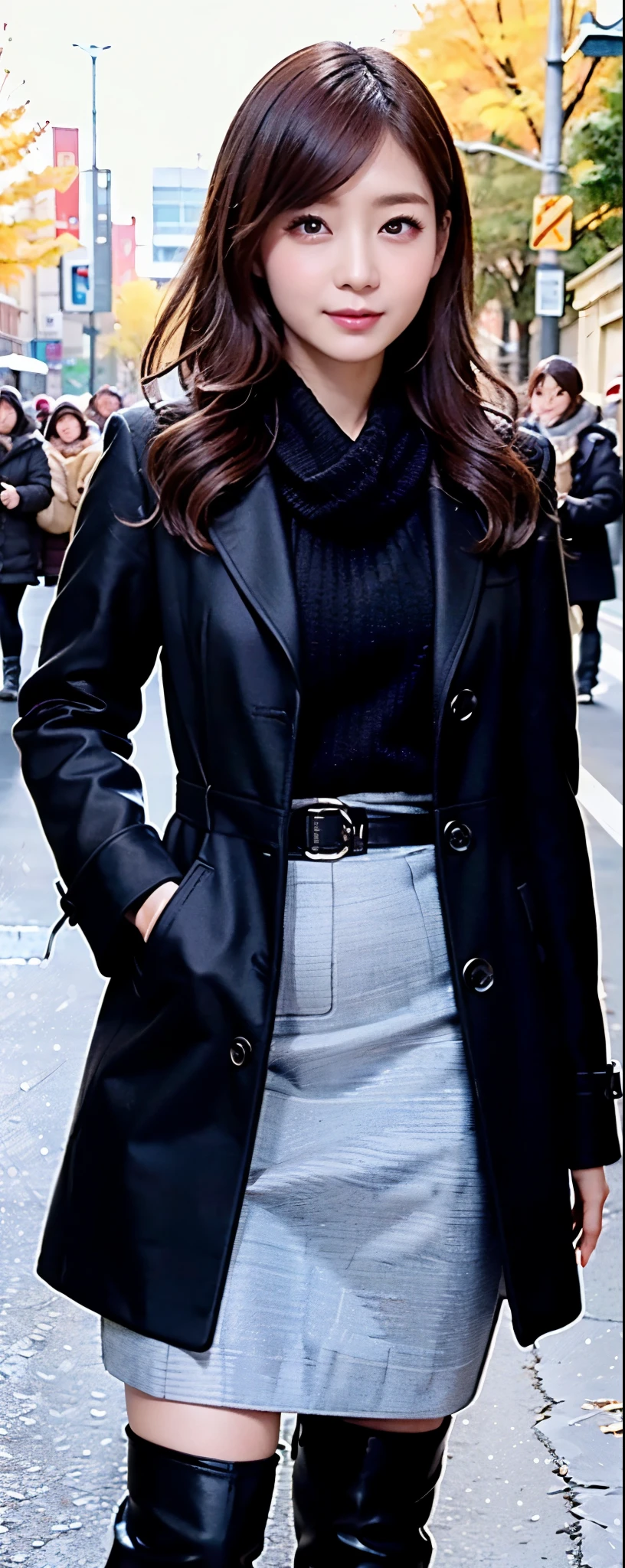 (8k, RAW photos, top quality, masterpiece: 1.2, ultra detailed, super resolution, real photos: 1.37), (Full body photo), 1 noble elegant Japanese lady, (standing contrapposte), winter season, ((black color coodinate, wearing over-size black coat, winter fluffy scarf, grey long skirt, black tights, wearing long boots)), Shiny, Smile, Looks like 1.8 meters tall, large pelvis, Large breasts, big cuvy hips, Thin waist, Long legs, skin hyper-detail, 20 years old, Perfect face, (Detailed facial features), Wavy hair, Daylight, autumn season, center of street, crowd of people,