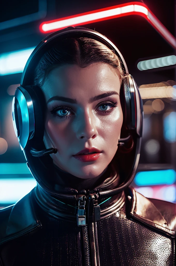 Close up portrait of woman wearing futuristic helmet and red lipstick, Cyberpunk Jackie Wells, cgsociety 9, Style = retrofuturism, beautiful android woman, Portrait of a female android, Retro futuristic fashion, From the movie Blade Runner stills, Female Cyborg in the Data Center, moebius aesthetic, movie still of a alien cyborg, depicted as a scifi scene