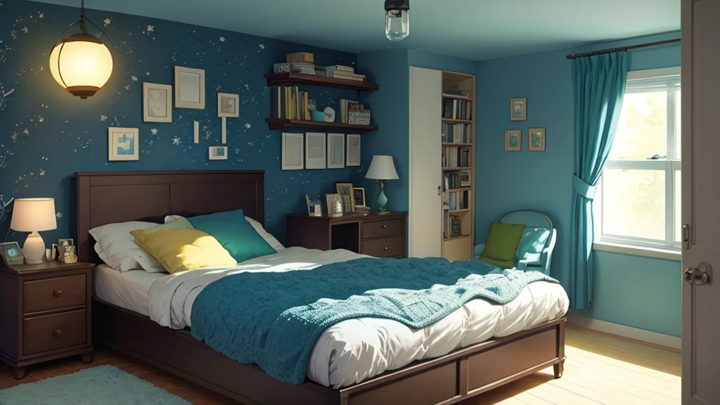 Beautiful blue bedroom, space wallpaper, the curtain is drawn, A cozy place, bedside table with books next to the bed, dark yellow bed, dark green pillow, lantern on the bedside table, Teenage room