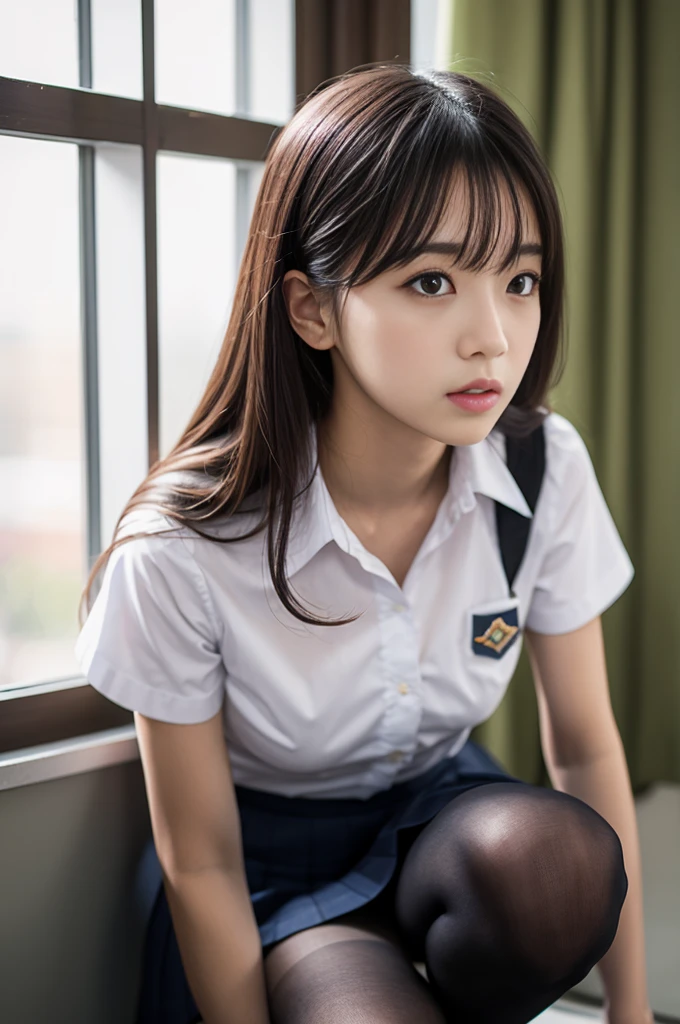 8K, masutepiece, Raw photo, Highest Quality, Photorealistic, High Definition CG Unity 8K Wallpaper, depth of fields, Cinematic Light, Lens Flare, Ray tracing, (Extremely beautiful face, Beautiful lips)Angle from below、high-school uniform,、Black tightsが丸見えている、breasts are large, hi-school girl,Black tights、cloud, Multicolored, masutepiece, NSFW