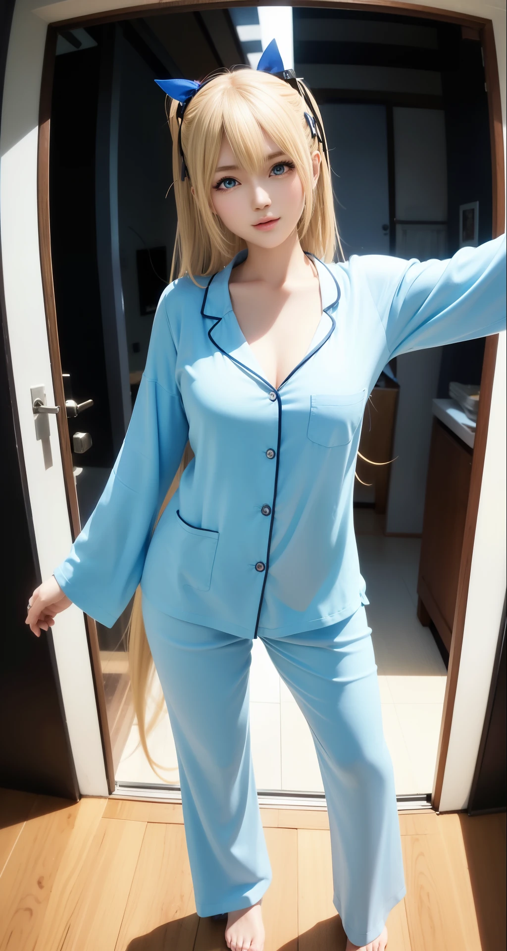 anime - style woman in blue pajamas posing in doorway with open arms, asuka suit under clothes!, fully clothed. painting of sexy, full body zenkai! asuka suit, in clothes! highly detailed, touching her clothes, seductive anime girl, thicc, at pixiv, wearing pajamas, blonde anime girl with long hair, [ 4 k digital art ]!!