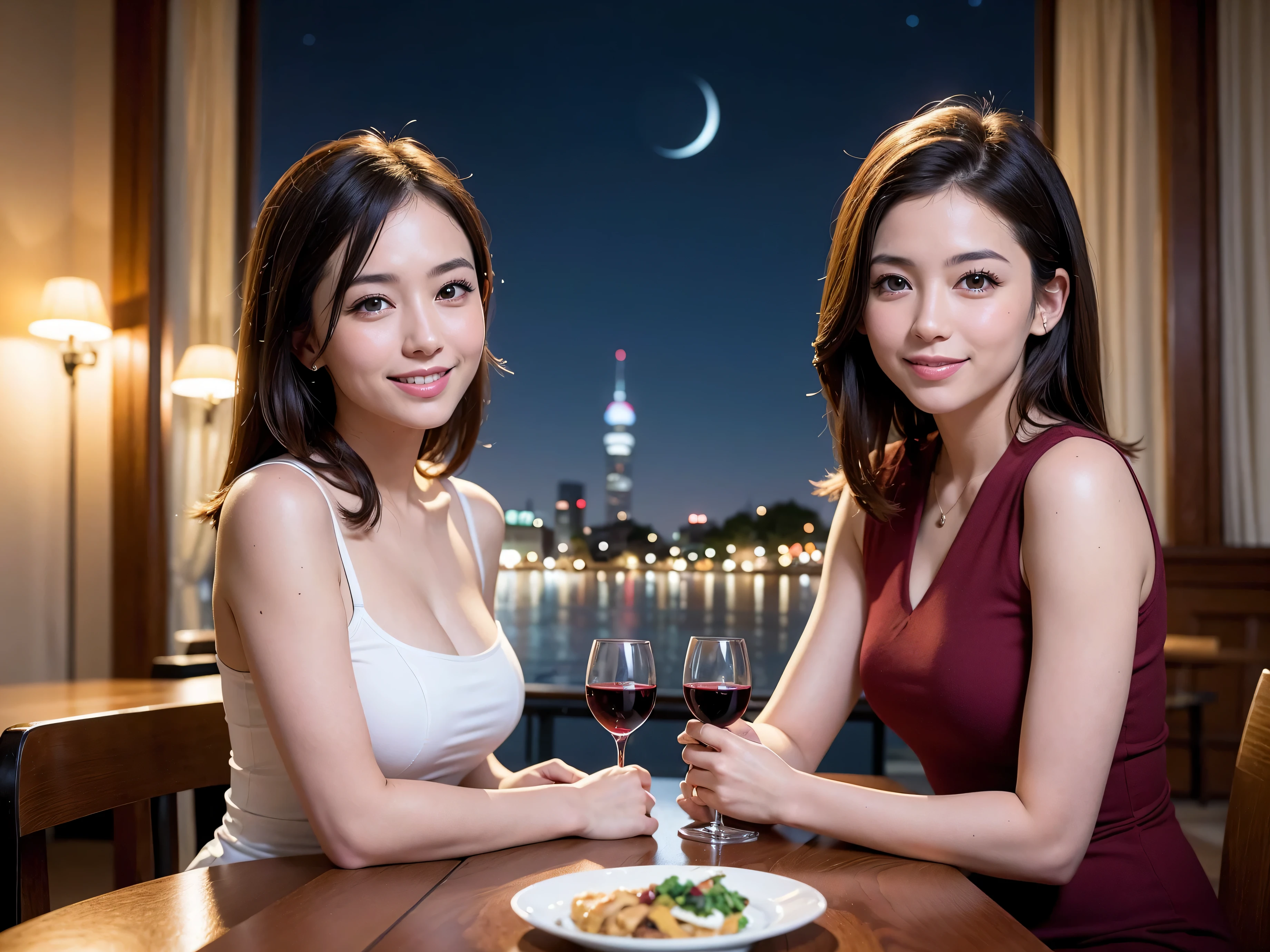(64k uhd, nffsw, of the highest quality, masutepiece: 1.2), (Realistic, photoRealistic: 1.37), Dutchman、Frenchman、Italian、japanes, (Slim Face), (slimボティ), (Brown hair), (short-cut), cheeks blush a little, (44 years old), 38 years, Solo, A beautiful and detailed night view spreads out outside the window.., restaurant, wine glassesが座っている, At night, Novafrog style in a prominent place, actress, Model, waist-up, white wine, slim, wine glasses, Super Clean Night View, wine glasses Put in the Middle, Happy Smile, (Smile: 1.15), Beautiful fine eyes, Upper body, Bust Japan Up, Night, Short, Short, actress, Model, waist-up, white wine, slim, wine glasses, Super Clean Night View, wine glasses Put in the Middle, Happy Smile,