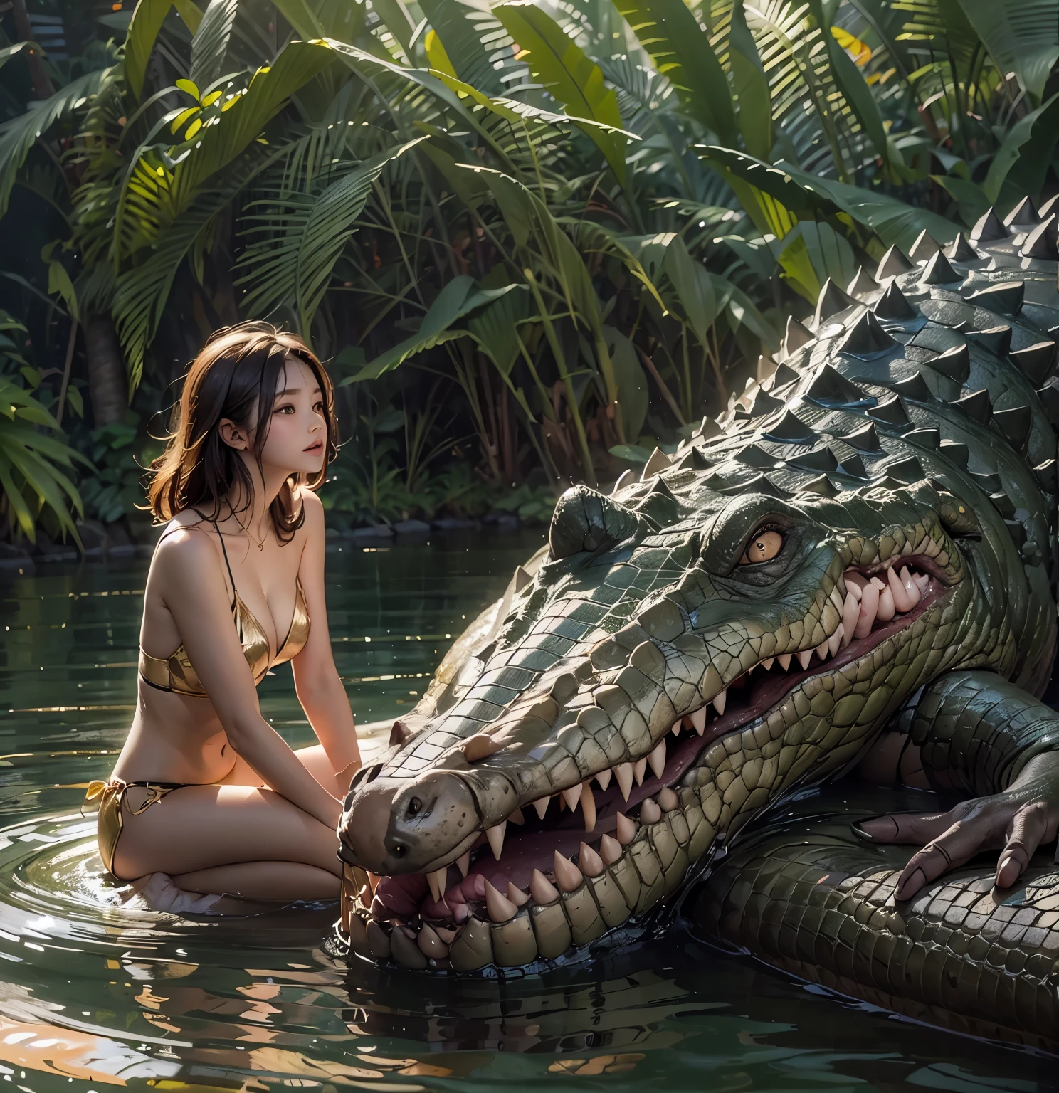 Beautiful girl engaged to a ferocious crocodile