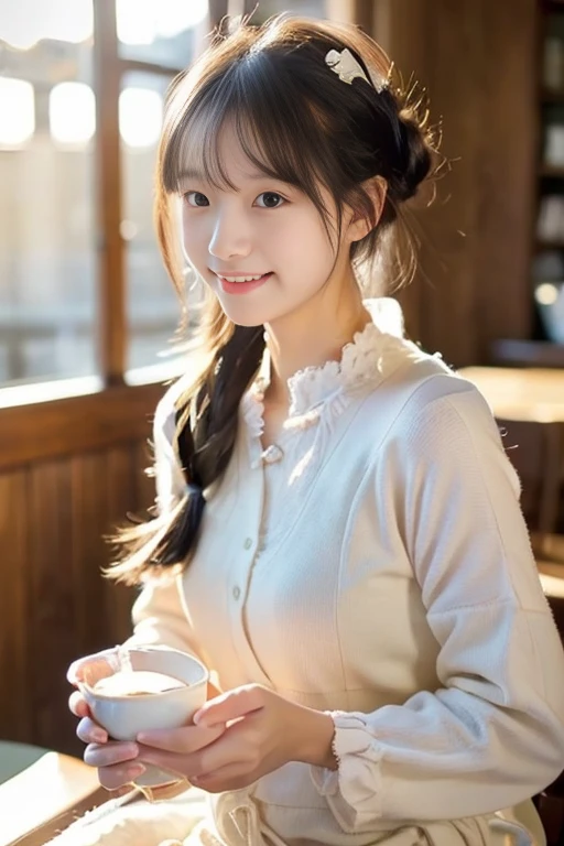 ((​masterpiece))), (((Full body photo)))， (One beautiful Japan girl, , landscape and innocence，kawaii) ，超A high resolution, Realistic, ultra-detailliert, 8K,top-quality, Extremely detailed, A slender,very beautiful japanese girl, Detailed face:1.3), (Bery short hair，I tied her hair in a bun.A dark-haired :1.4), (a baby face，kawaii系,adorable 14 year old beautiful girl), (Perfect body:1.1),(Perfect fingers)， (winter fashionista), Cute and innocent look，Please show me your beautiful teeth,Wonderland, rosy cheeks, Sparkling eyes, kawaiiポーズ, ((Inside the coffee shop))、cute cake on the table,soft afternoon light、Wrapped in the soft light shining through the window、A book is open and on the table，gentle and delicate lighting, Pastel color palette, dreamy ambiance, Magical, Vivid colors, Bokeh，
