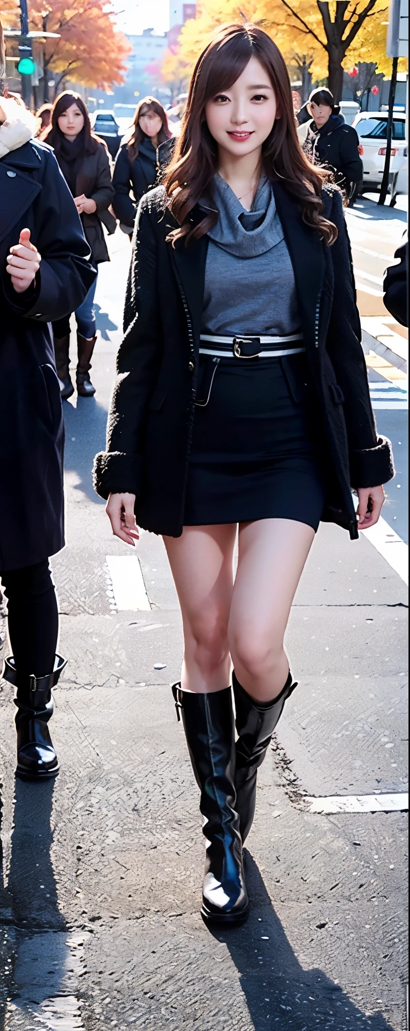 (8k, RAW photos, top quality, masterpiece: 1.2, ultra detailed, super resolution, real photos: 1.37), (Full body photo), 1 noble elegant Japanese lady, (standing contrapposte), winter season, ((black color coodinate, wearing over-size black coat, winter fluffy scarf, grey long skirt, black tights, wearing long boots)), Shiny, Smile, Looks like 1.8 meters tall, large pelvis, Large breasts, big cuvy hips, Thin waist, Long legs, skin hyper-detail, 20 years old, Perfect face, (Detailed facial features), Wavy hair, Daylight, autumn season, center of street, crowd of people,