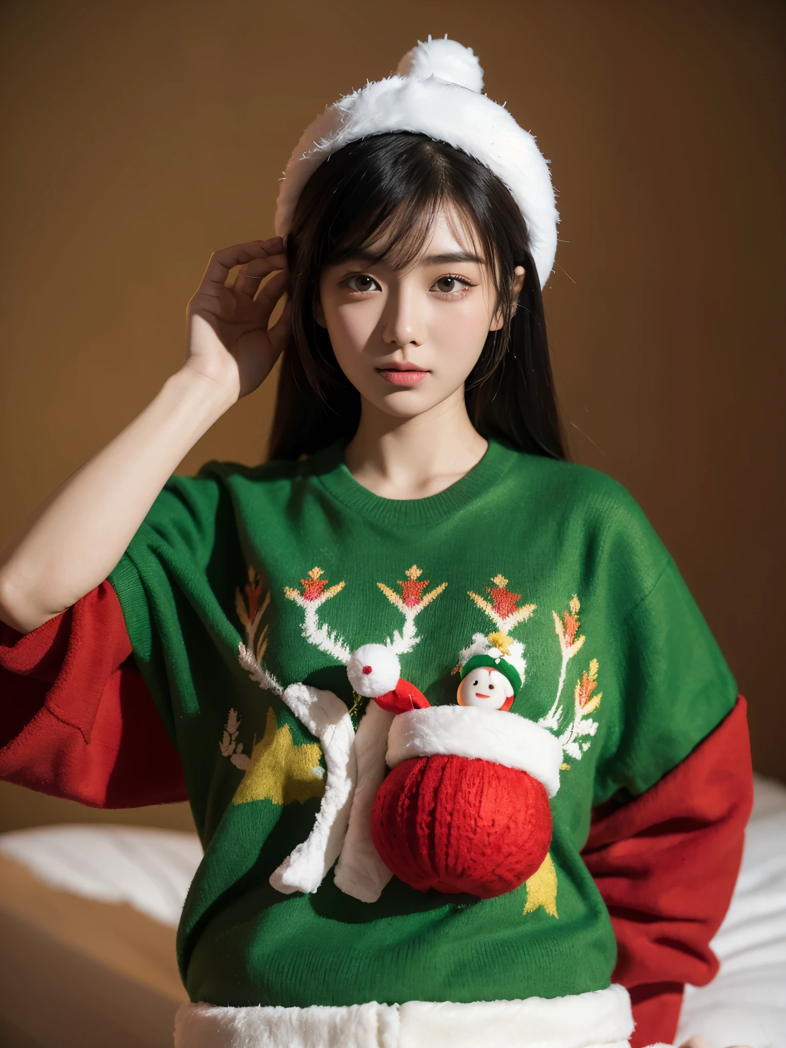 Asian illustrations，A 20-year-old woman，Wearing a red and green Christmas jumper，white backgrounid，clay，Mattire，the soft light，، ，Rendering blind box toys，hyper-detailing，Three-dimensional effects