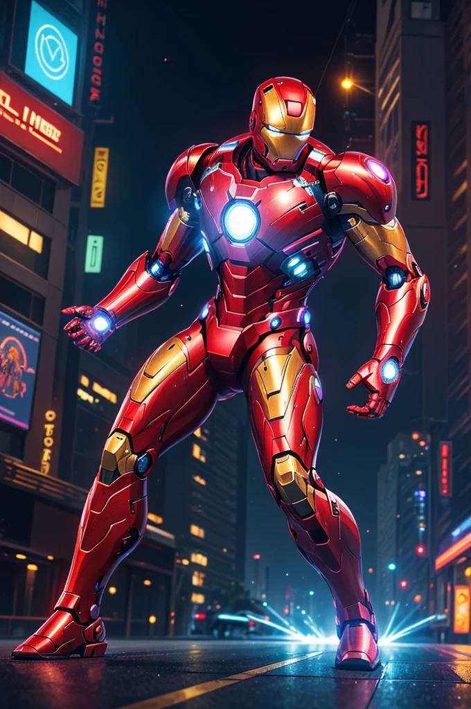 (high resolution:1.2), ultra-detailed, Iron-Man style robot from the future, vivid colors, advanced technology, mechanical design, glowing eyes, sleek metallic surface, intricate detailing, dynamic pose, powerful and agile, flying through the city, bustling urban landscape, neon lights, reflections on the metallic surface, intense energy beams shooting from the palms, epic battle, heroic presence.