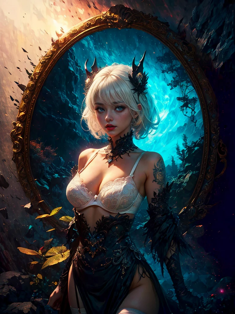 extreme dark forest in background, colorful. sinister, Aurora, mythical and magical, erotic pose, pore white hair, small tits, big eyes, body covered with tattoo, red lips, erotic, dark light, black dress ,glowinga cartoon picture of a woman with horns and lingers, seductive anime girl, anime barbie in white stockings, white haired, perfect white haired girl, top rated on pixiv, white haired deity, digital art on pixiv, at pixiv, white bra, white haired lady, white-haired, beautiful alluring anime woman, in white clothes