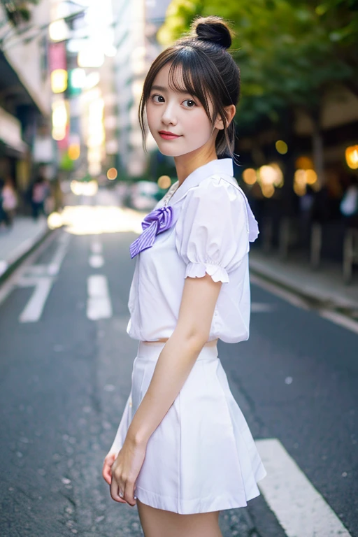 ((masterpiece))), (((Full body photo))), (One beautiful Japan girl, , landscape and innocence,kawaii) ,超A high resolution, Realistic, ultra-detailliert, 8K,top-quality, Extremely detailed, A slender,very beautiful japanese girl, Detailed face:1.3), (Bery short hair,I tied her hair in a bun.A dark-haired :1.4), (a baby face,kawaii系,adorable 18 year old beautiful girl), (Perfect body:1.1,perfect natural fingers,perfect and comfortable feet), (White blouse with short sleeves、purple bowtie、Dark blue pleated skirt), Cute and innocent look,Show your beautiful teeth,Wonderland, rosy cheeks, Sparkling eyes,in a street、Squatting、Looking at the front,(Open your crotch、Spread your legs from side to side),Please show me a glimpse of your white underwear,White socks、White athletic shoes,Pastel color palette, dreamy ambiance, Magical, Vivid colors, Bokeh,When using NTFS