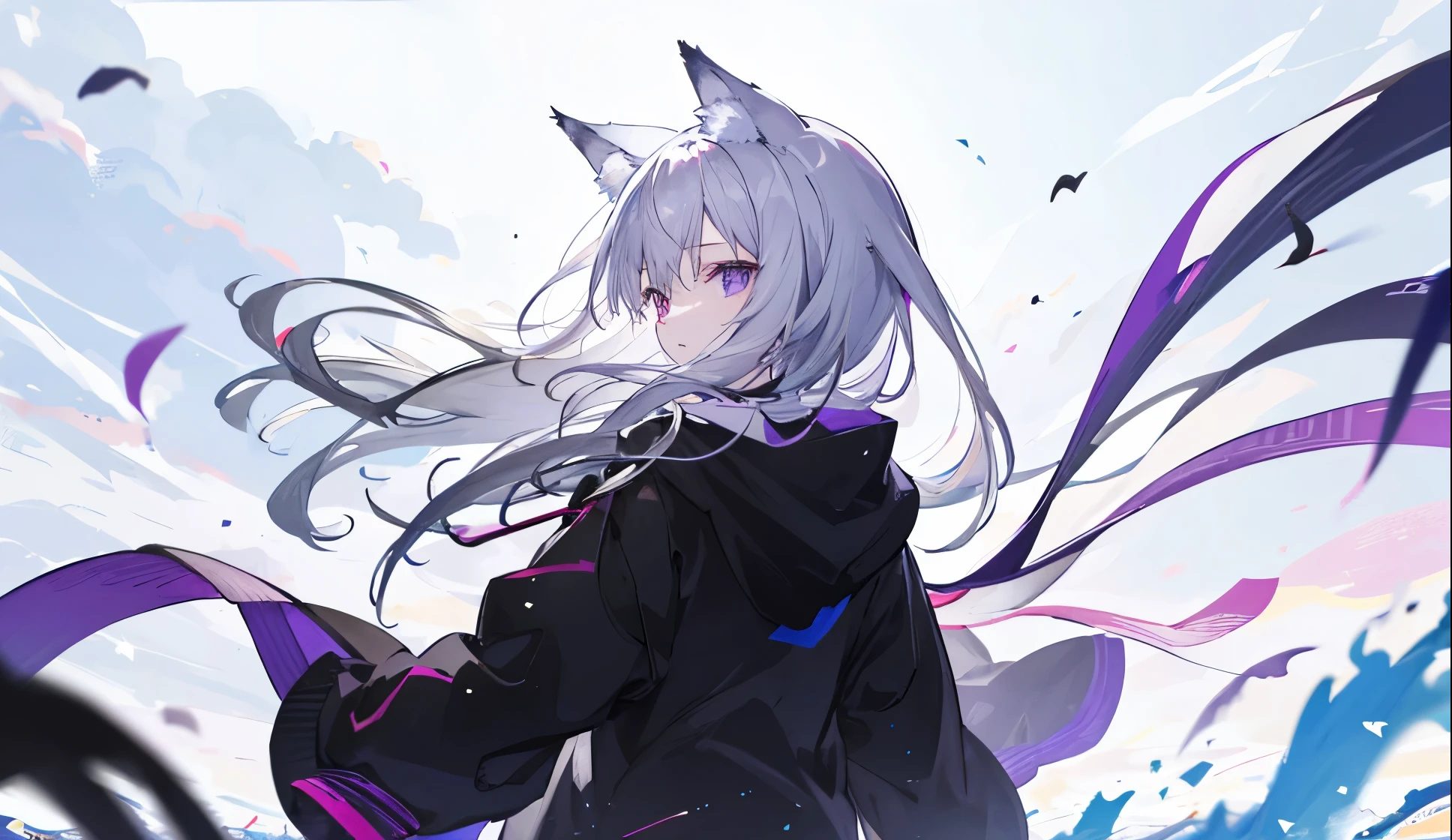 ((Best Quality)),Facing the front、Being in the middle、up、Wearing a black hoodie、looked lonely、He had gray hair and furry ears.、Purple-eyed、wolf girl。The back is black。The wind is blowing、Hair is fluttering。natta