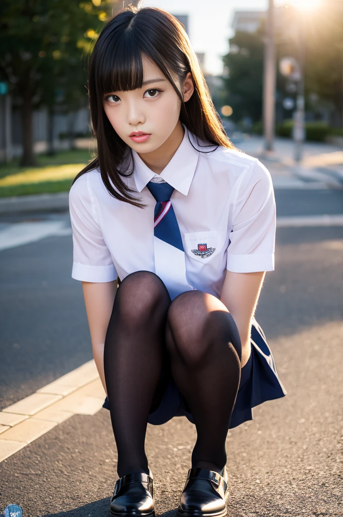 8K, masutepiece, Raw photo, Highest Quality, Photorealistic, High Definition CG Unity 8K Wallpaper, depth of fields, Cinematic Light, Lens Flare, Ray tracing, (Extremely beautiful face, Beautiful lips)Angle from below、high-school uniform,、Black tightsが丸見えている、breasts are large, hi-school girl,Black tights、cloud, Multicolored, masutepiece, NSFW