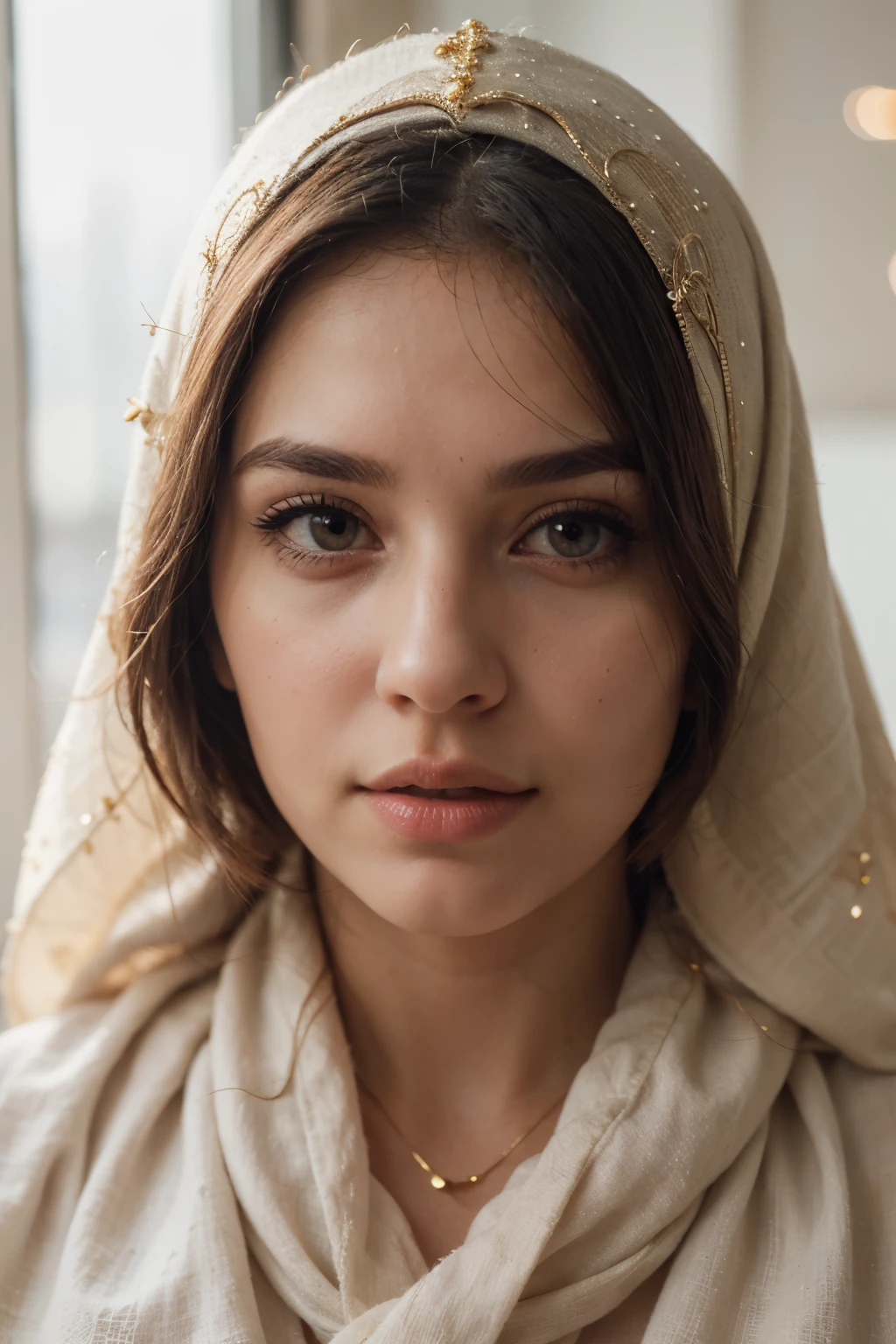 profesional pose, morning lighting, dramatic scene, perfect beautiful women sweedish face, 22 years old, light white skin, wear light gold silk hijab, texture flower textures on hijab, no lipstick, clear crystal and detailed brown eyes, thick lips, gold flower abstract studio as background at sunset, wes anderson concept color, backlighting, fashion photography, centered, symmetrical, 105mm, f2.8, for a sharp and detailed headshot with a shallow depth of field, detailed, d.o.f, beauty photography, super detailed, insanely detailed and intricate in face area, details on lips textures, realistic skin textures, intricate details, highly detailed, studio lighting, detailed skin, ultra realistic, bokeh, sharp features