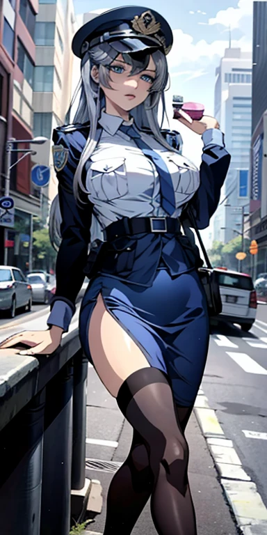 Absurd resolution, hight resolution, (tmasterpiece:1.4), ultra - detailed, 1girll,blue color eyes, cabelos preto e longos，Please wear a police uniform and short skirt, the city street,sexyposture, The camera is close to your body