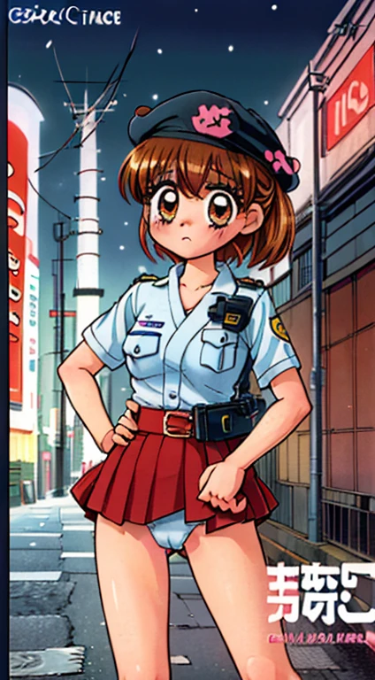 (1girl:1.5), masterpiece, best quality, best detail, best proportion, best anatomy, best face, best shaped breasts, very huge breasts, (10 year old japanese lowteen:1.3), half body shot, ((wearing police women's costume):1.2), cameltoe, red blush, wet, (crowded street (background):1.4), skirtlift:1.0, cameltoe:1.1