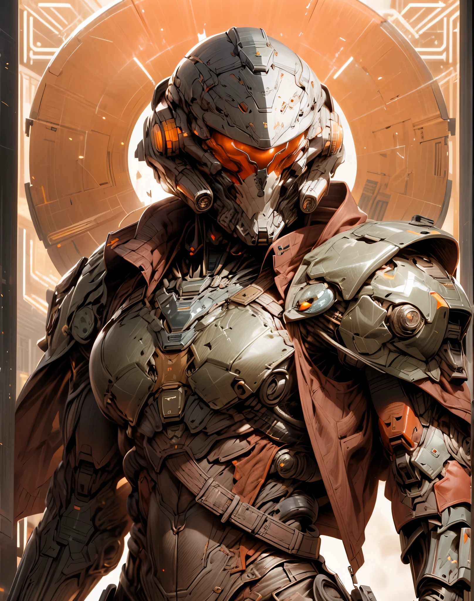 (((An epic and visually stunning digital anime masterpiece featuring a sylphlike masculine ((male:1.5)) decorated military dieselpunk cyborg soldier clad in a sleek yet tactical armored yet decorated leather military trench coat:1.2))), (((flat masculine male chest:1.5, mechanical full head helmet, mecha helmet with narrow orange eyes:1.5))), (((the character adorned in a (scifi tactical armored open front trench coat with a built in exoskeleton:1.5) (over a form fitted armor plated yet super sleek and revealing under suit with waist cut outs:1.3), the armor is beautifully engraved:1.4))), The image showcases the intricacies of the character’s armor and clothing:1.5, ((capturing their flamboyant essence and heavy mecha aesthetic:1.2)). The character also possesses an androgynous charm, (((with slim yet heavily muscled physique:1.2, sylphlike with a sleek waist, toned yet beautifully sleek cybernetic arms:1.3, mechanical arms and legs:1.3, mecha muscles:1.3))), looking at viewer, (((brass metal armor and brown leather, dieselpunk:1.3))), (((depth of field, cinematic lighting, chromatic aberration, ray tracing, UHD, masterpiece, top of head covered, super detail, high details, high quality, award winning, 8k, highres)))
