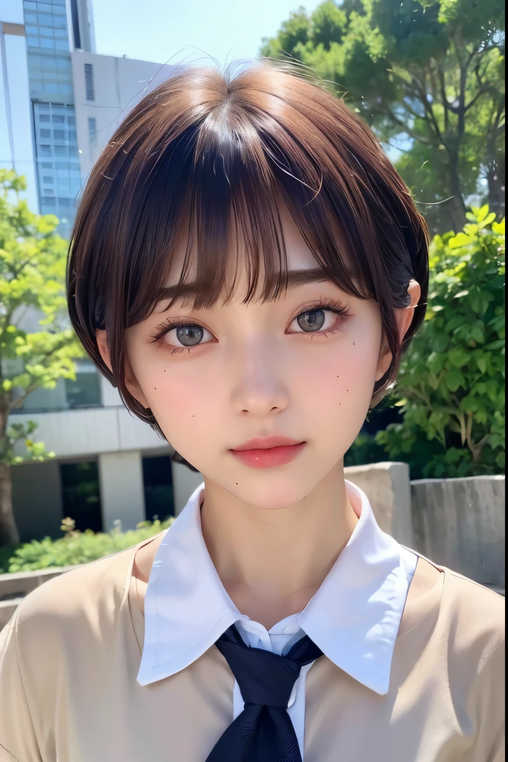 (highest quality:1.3)、(Masterpiece:1.4)、Raw photo、8K、((Best image quality))、 ((High resolution))、Beautiful face in every detail、Realistic human skin、Gentle expression、(Cute natural anime face)、(One Woman:1.3)、Realistic、Photorealistic、short hair、(Beautiful woman)、((Cool Japan girl))、(boyish:1.3)、mannish、((Beautiful woman))、(Beautiful Hair)、((Dark brown hair))、(Blushing:1.5)、(Fashion Model:1.3)、(Every woman admires her face:1.3)、((Her eyes are big))、20 year old beauty、(Small face)、Small Head、((Long neck))、(High school girls)、uniform、(Japanese high school uniform)、(High school girlsのuniform)、((White button-up shirt))、(A shirt with a wide open chest)、Collared shirt、(necklace)、(The aspirations of young people)、((The center of attention in school))、everyone will love her、You can almost see your cleavage、(Bedroom)、(bed)、sexual excitement