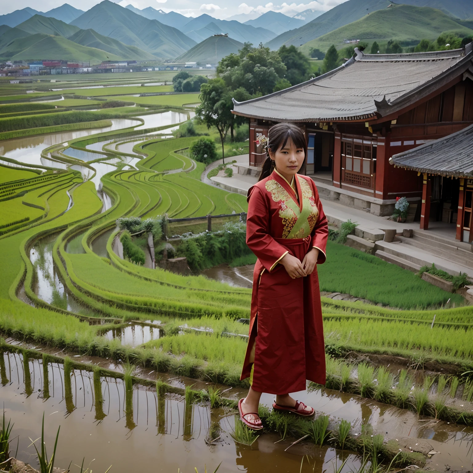 Women in the Asian region, the Tibetan plateau area, dress in national costumes and see the rice fields and rural towns of the city.