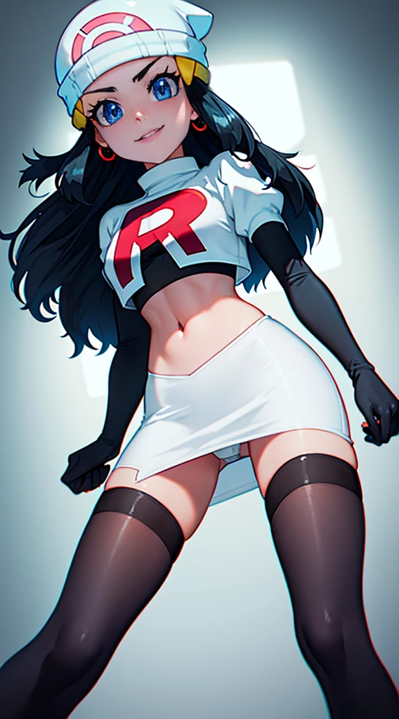 pokemon dawn, black hair, blue eyes, sidelocks, long hair, beanie, glossy lips, light makeup, eye shadow, earrings ,team rocket,team rocket uniform, red letter R, white skirt,white crop top,black thigh-high boots, black elbow gloves,evil smile, looking down on viewer, pantie shot