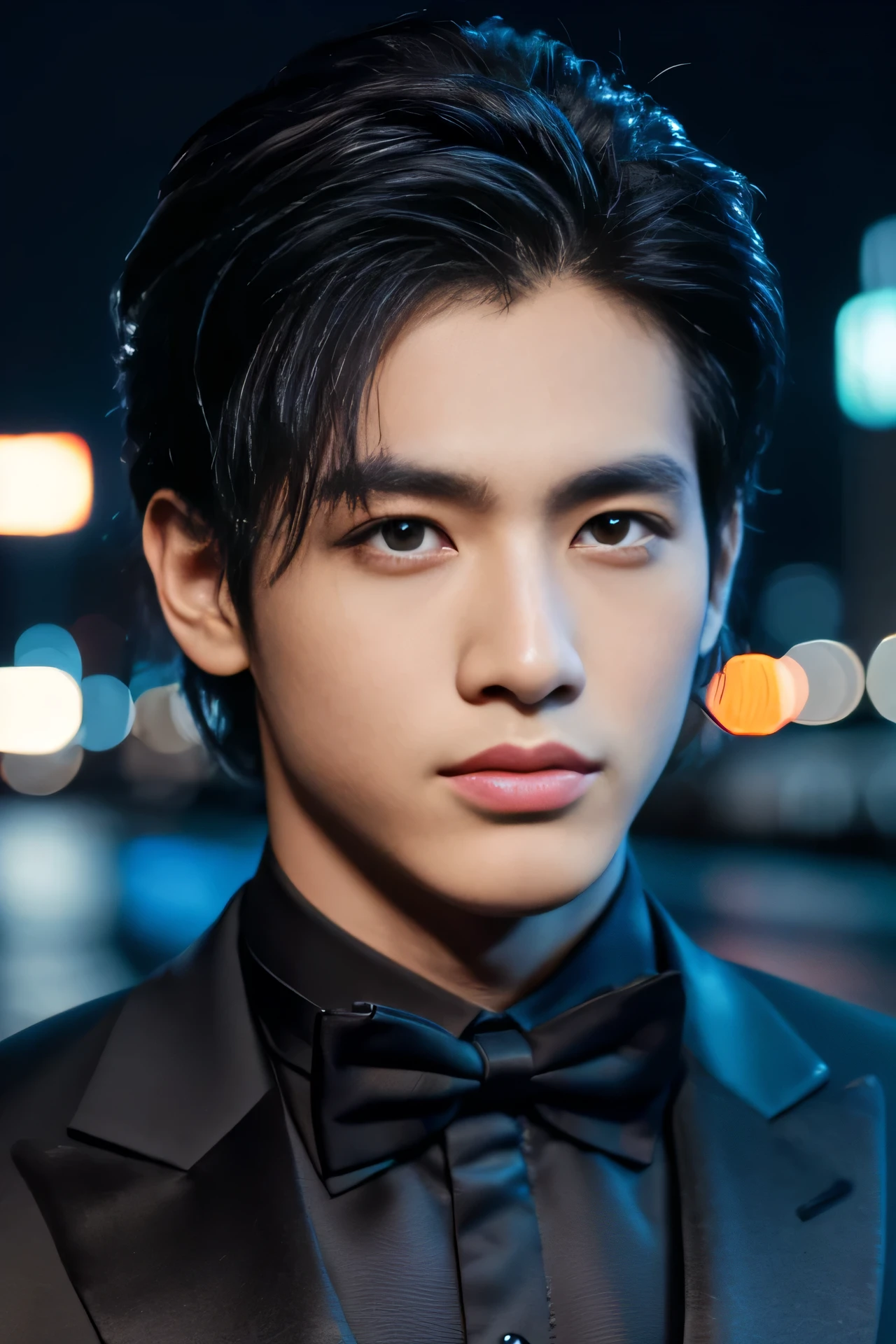 Best quality, masterpiece, ultra high res, (photorealistic:1.4), detailed face, detailed eyes, raw photo, 25 year old handsome male, black hair, (full body), view from top, (night city background:1.2), wearing black tuxedo, fierce looking