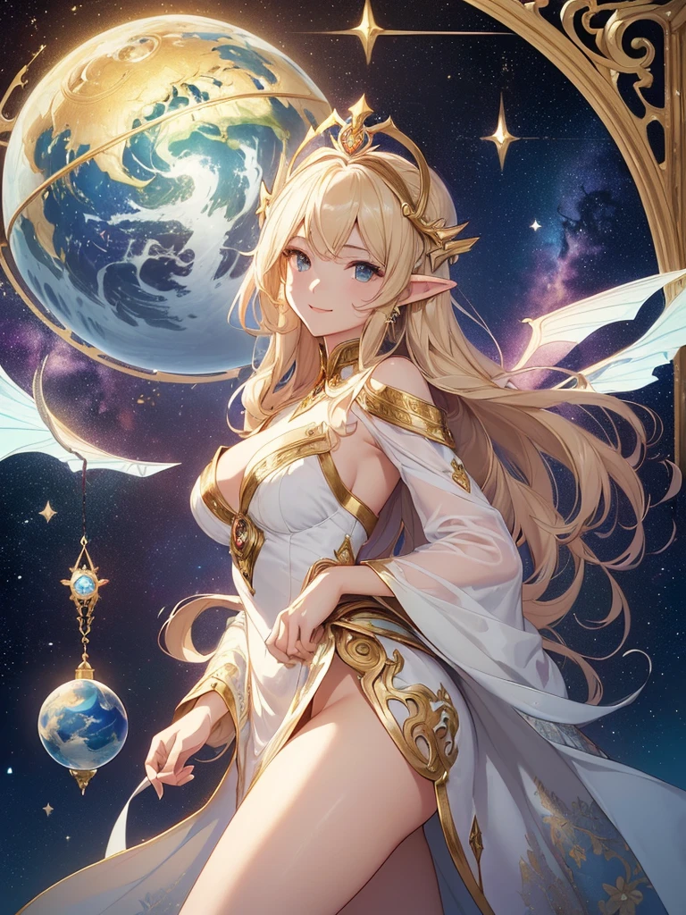 top-quality、Top image quality、​masterpiece、Super beautiful elf beauty((22 years old OL big bust、Bust 90,beautiful long ironed hair、a blond、globe、、A slender、a closeup、Esbian、beautiful tiara、hiquality、Beautiful Art、Background with((starrysky)))masutepiece、visualart、depth of fields、low angle of morning sky、、Elven ears、、light magic、Space Knight、harp melody🎵、Happy smile、Gentle light、、Beautiful legs that are gentle on the skin、、、Number of fingers to achieve precise finger movements、ticker beautiful decorative dress、elegent、Mystical　Rosa、　Heaven、Marble pillars, beautiful dressy、magnificent marble dome、Huge galaxy、religious painting、holding the earth、Temple of Time、Great watch、hour glass、sundial、moment of creation！myth、alphonse mucha art、art noveau、byzantine art、folding screen picture、gold foil、Raphael's paintings、Renaissance art、Giant White Dragon、Obey the Dragon、New Year