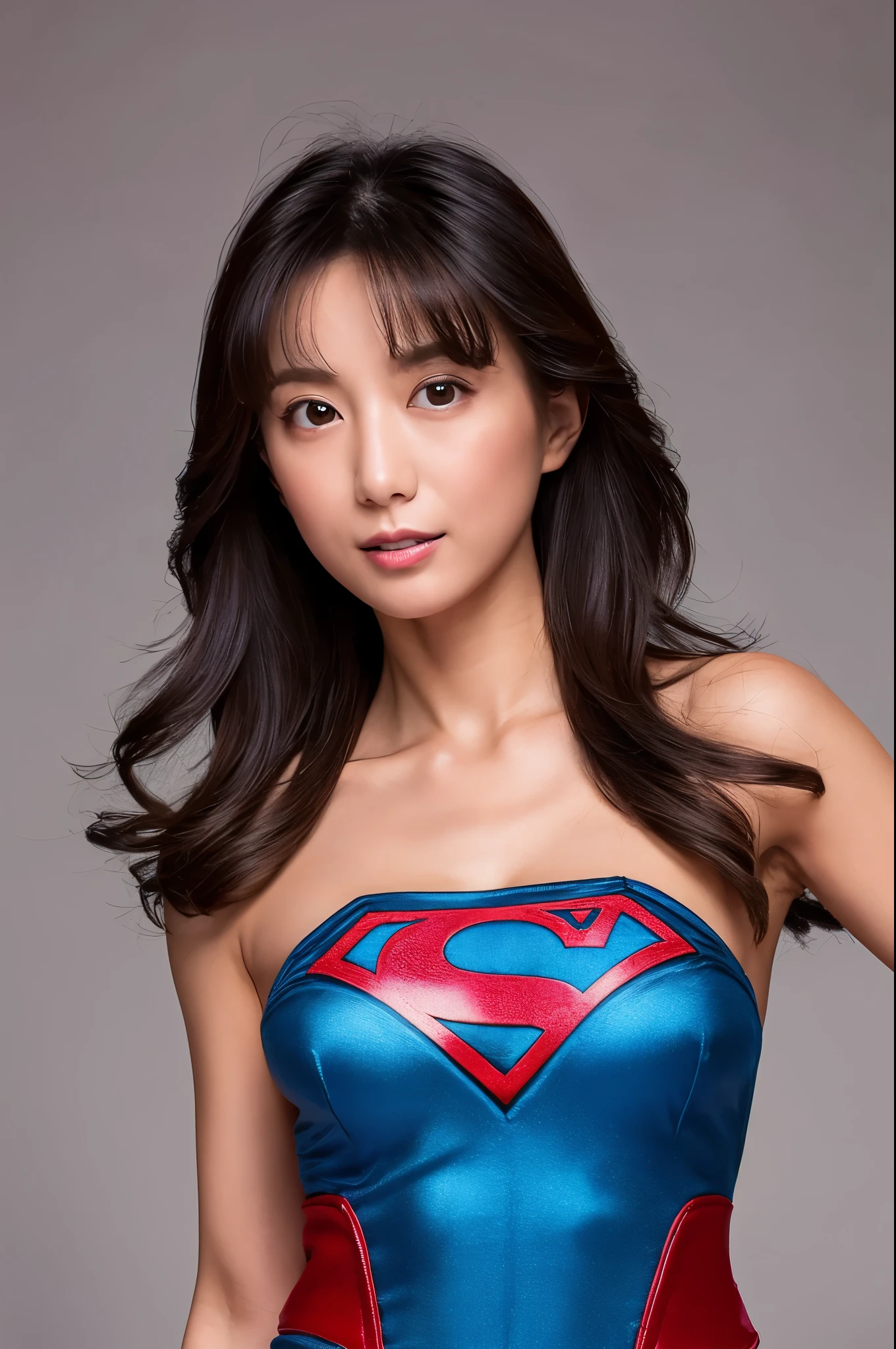 (High reality photograph, high resolusion, detailed face, detailed eyes) Skinny Japanese lady, 40 years old, 1 girl, cute face, various hair style, skinny figure, very small breasts, very thin waist, supergirl costume, simple background, full-body photo