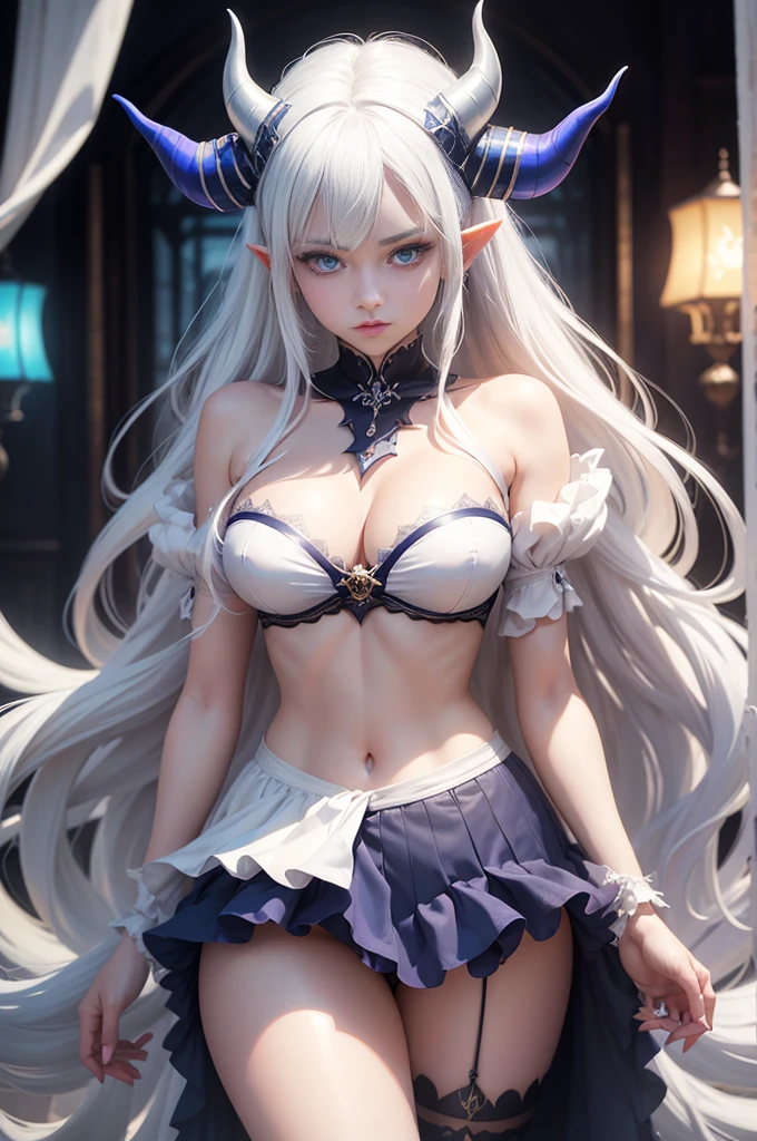 Female Tiefling with blue skin, Horns, and a long, Wavy Hair. dressed as a pirate. Colorful, Beautiful cinematic lighting, Playful expressive pose, extra high resolution,(Perfect detail for the eyes), Best Quality, Masterpiece, darkness, vibea cartoon picture of a woman with horns and lingers, seductive anime girl, anime barbie in white stockings, white haired, perfect white haired girl, top rated on pixiv, white haired deity, digital art on pixiv, at pixiv, white bra, white haired lady, white-haired, beautiful alluring anime woman, in white clothes